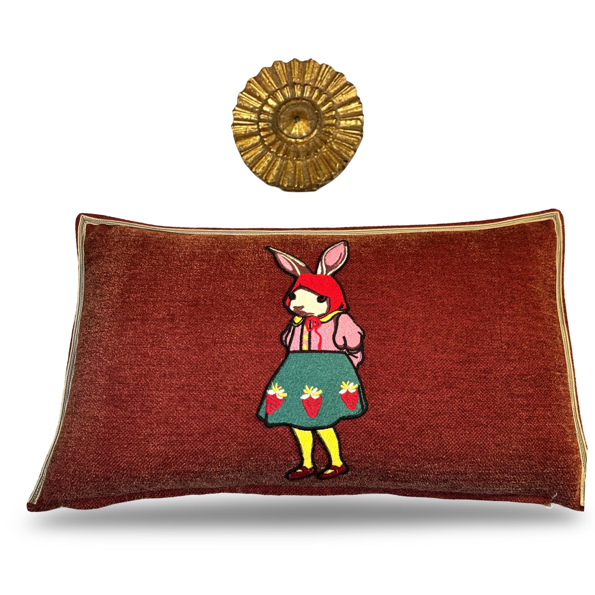 Rabbit Embroidery Pillow: Whimsical Cranberry Chenille Woodland Decor