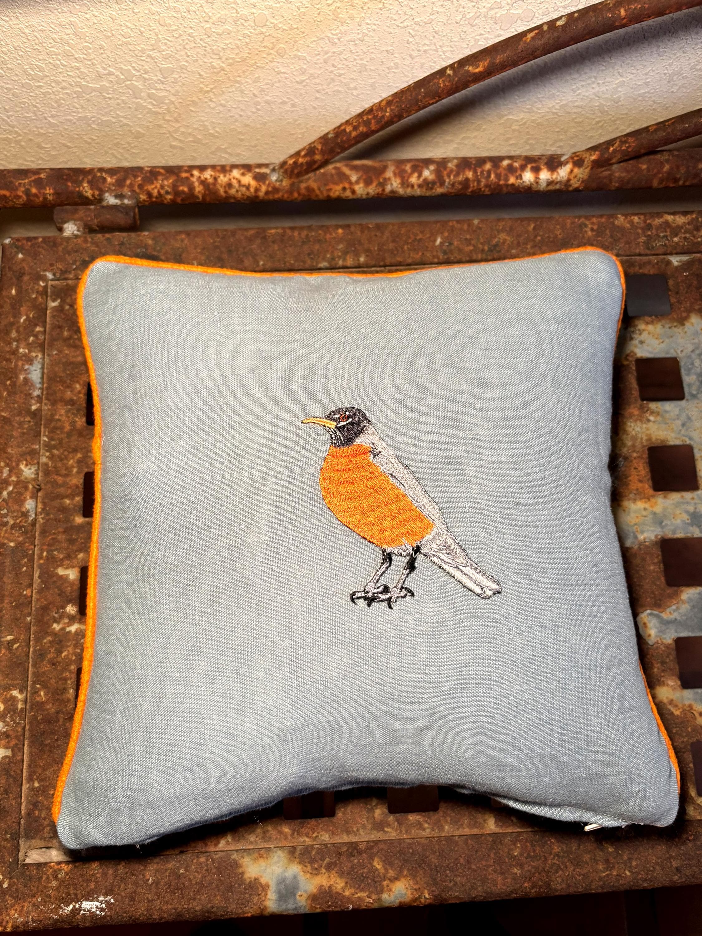 Embroidered Robin Bird Linen Pillow: Slate Blue & Orange Accent