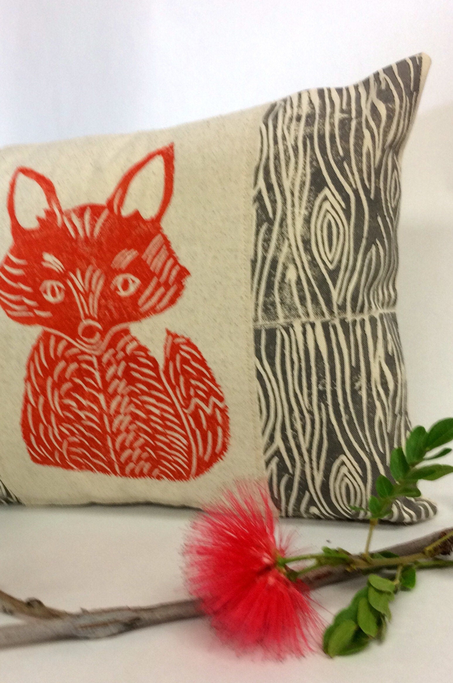 Fox Print Lumbar Pillow: Wood Grain Rustic Cabin Decor
