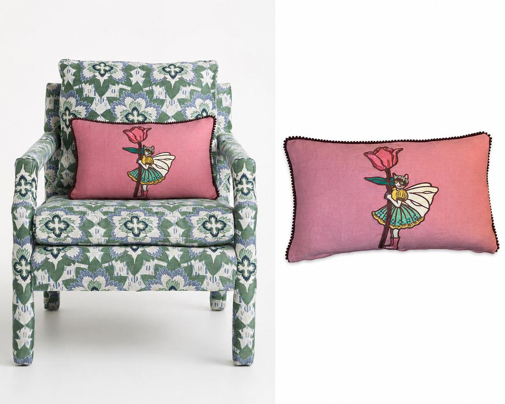 Embroidered Linen Cat Pillow – Whimsical Tulip Flower Design