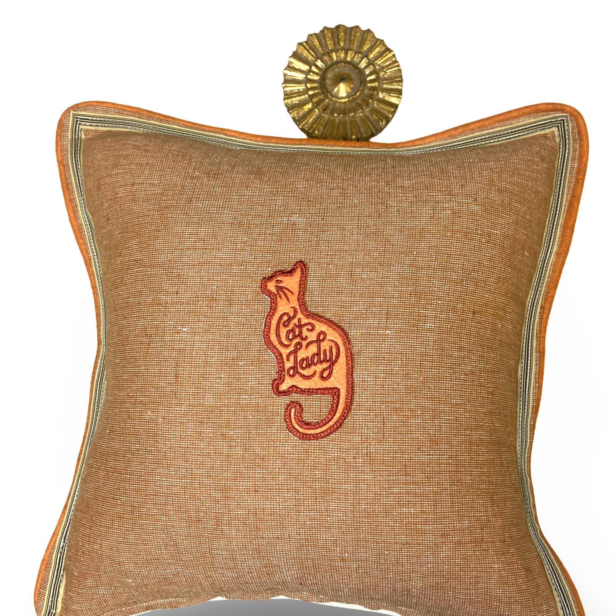 Embroidered Cat Silhouette Linen Pillow - Decorative Throw Pillow