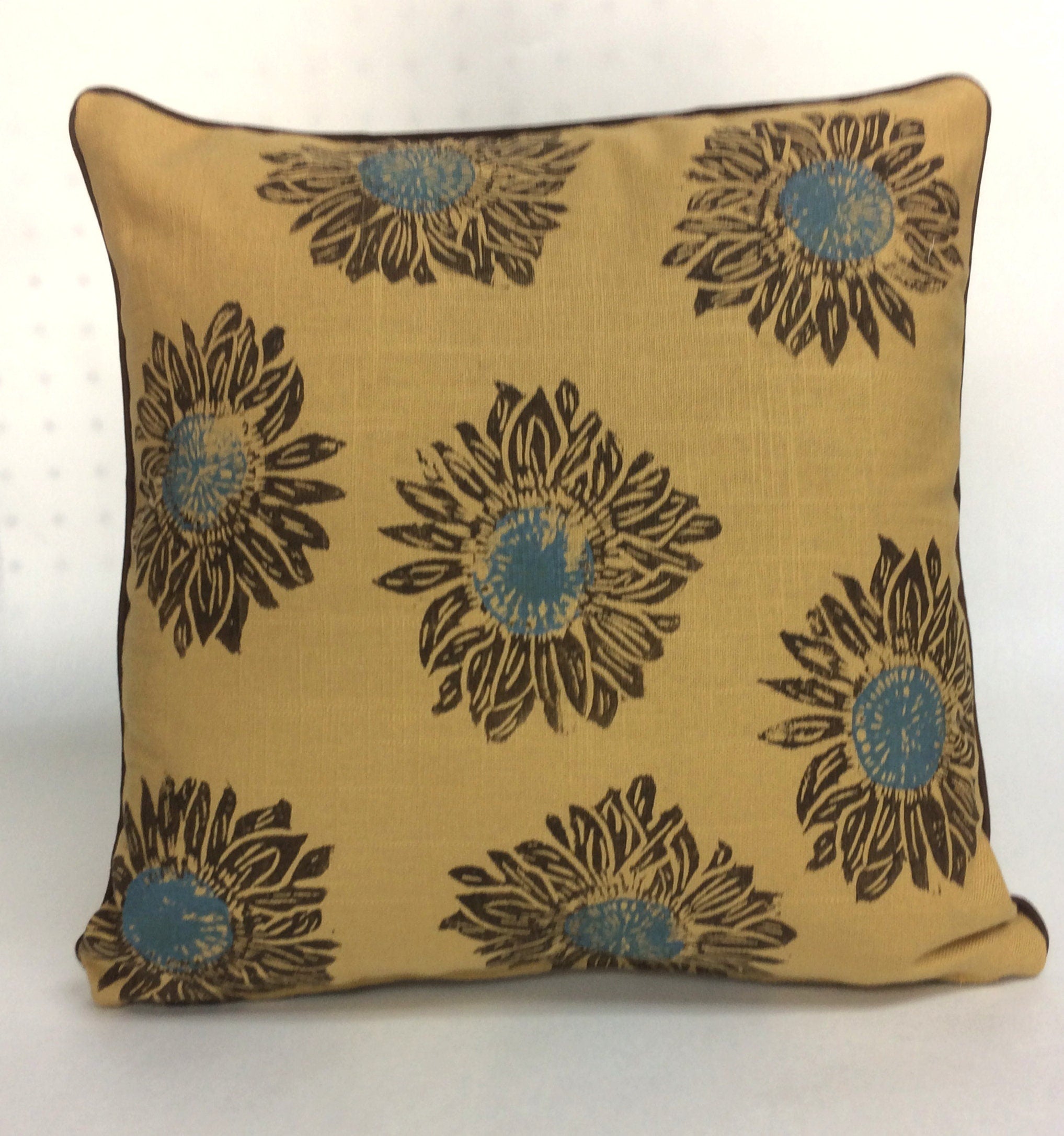 Hand Printed Sunflower Linen Pillow: Floral Home Decor