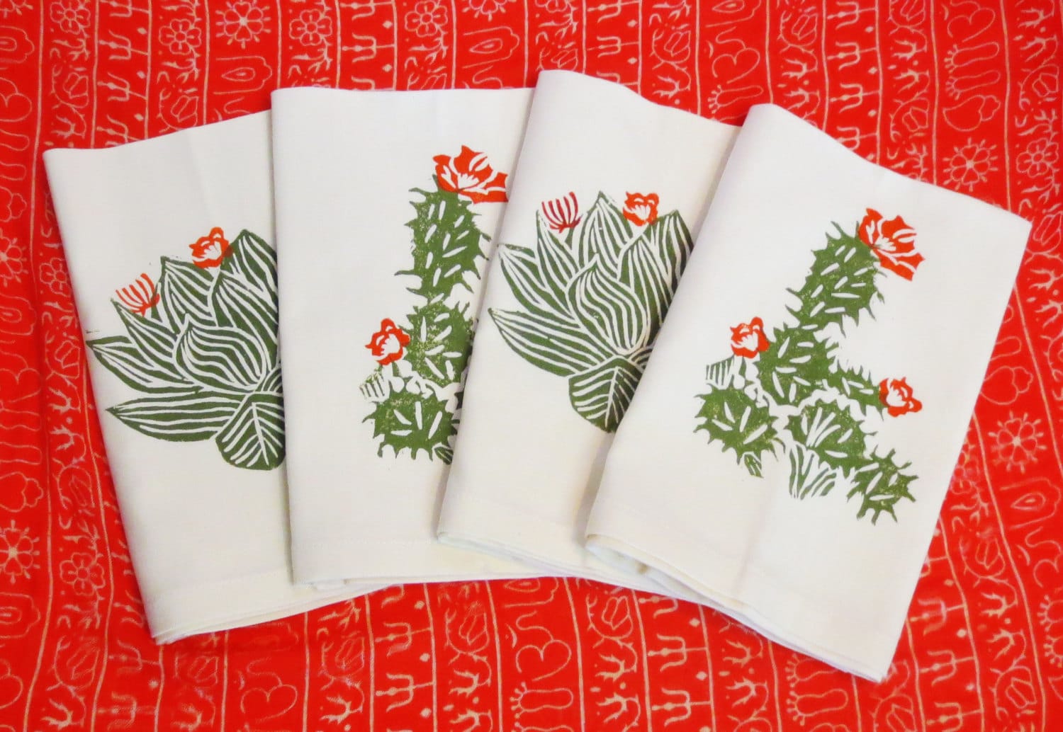 Hand Printed Cactus Napkins: Ivory Cotton Desert Table Linens, Set of 4