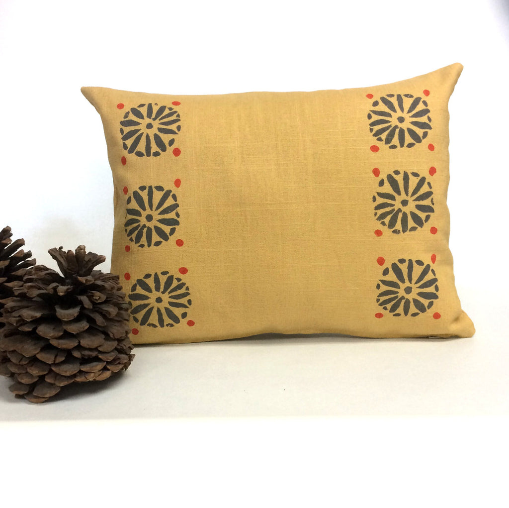 Hand Printed Linen Pillow: Mustard Geometric Block Print, Tuscan Style