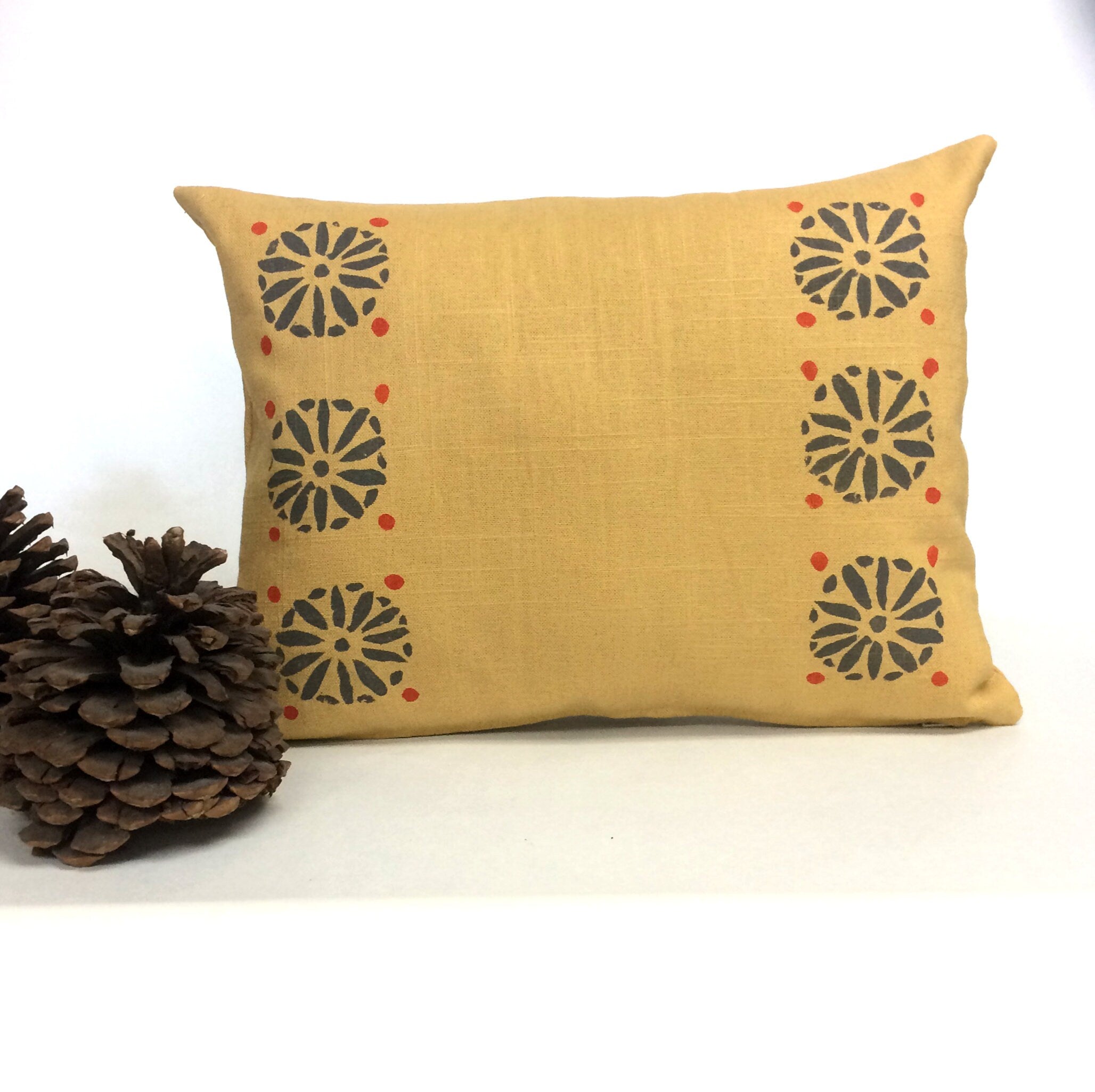 Hand Printed Linen Pillow: Mustard Geometric Block Print, Tuscan Style