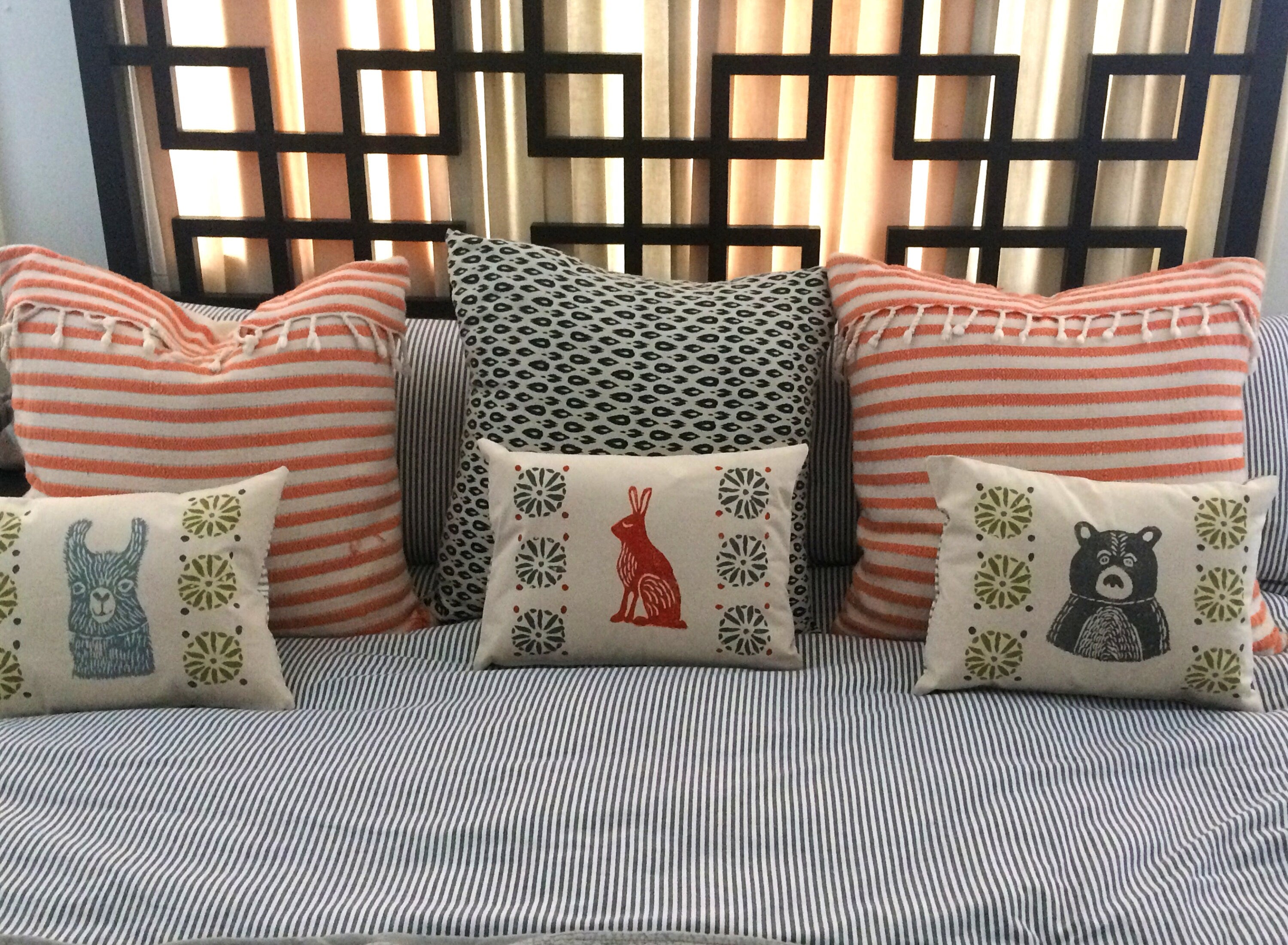 Orange Rabbit Print Kidney Pillow: Mid-Century Moroccan Decor