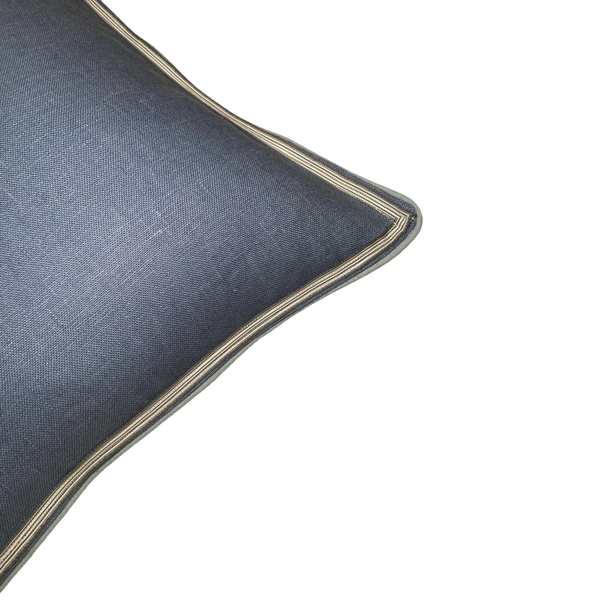 Embroidered Bird Linen Pillow: Slate Blue & Orange Accent