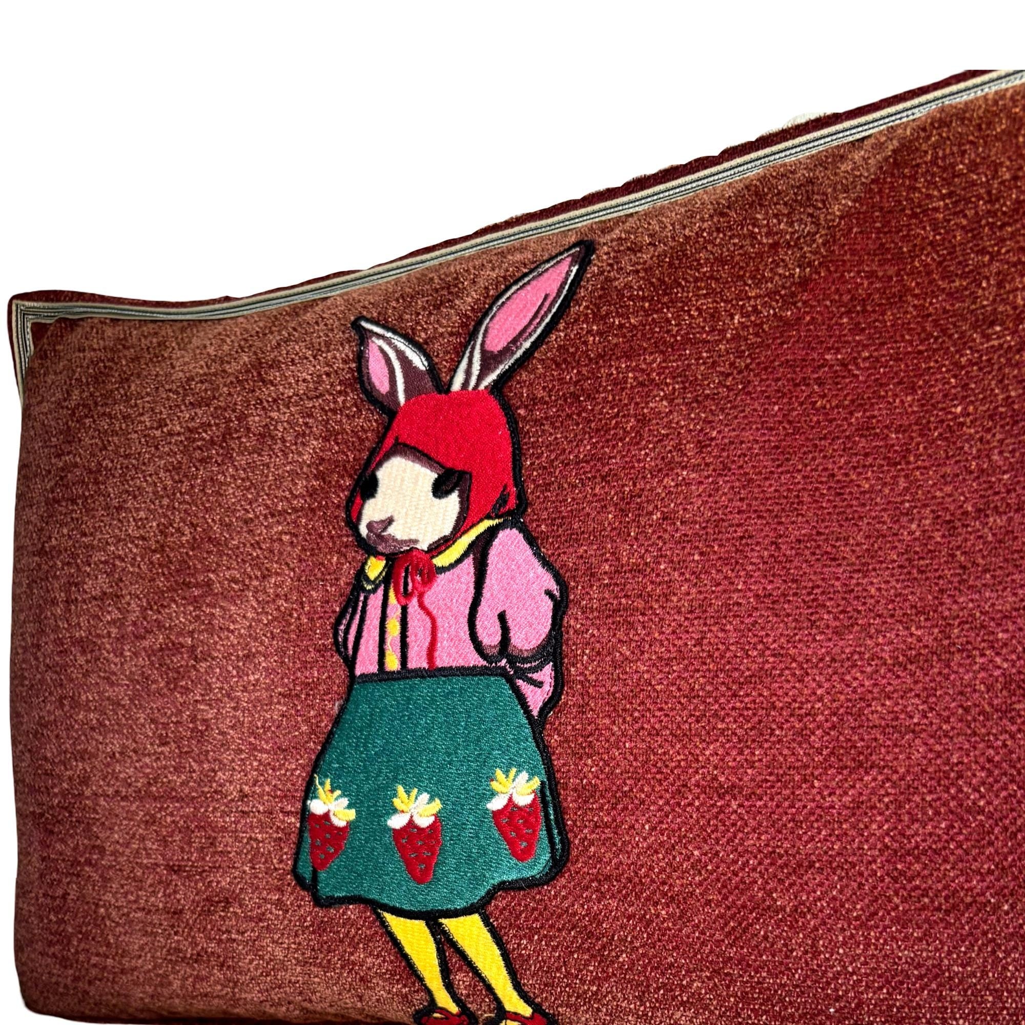 Rabbit Embroidery Pillow: Whimsical Cranberry Chenille Woodland Decor