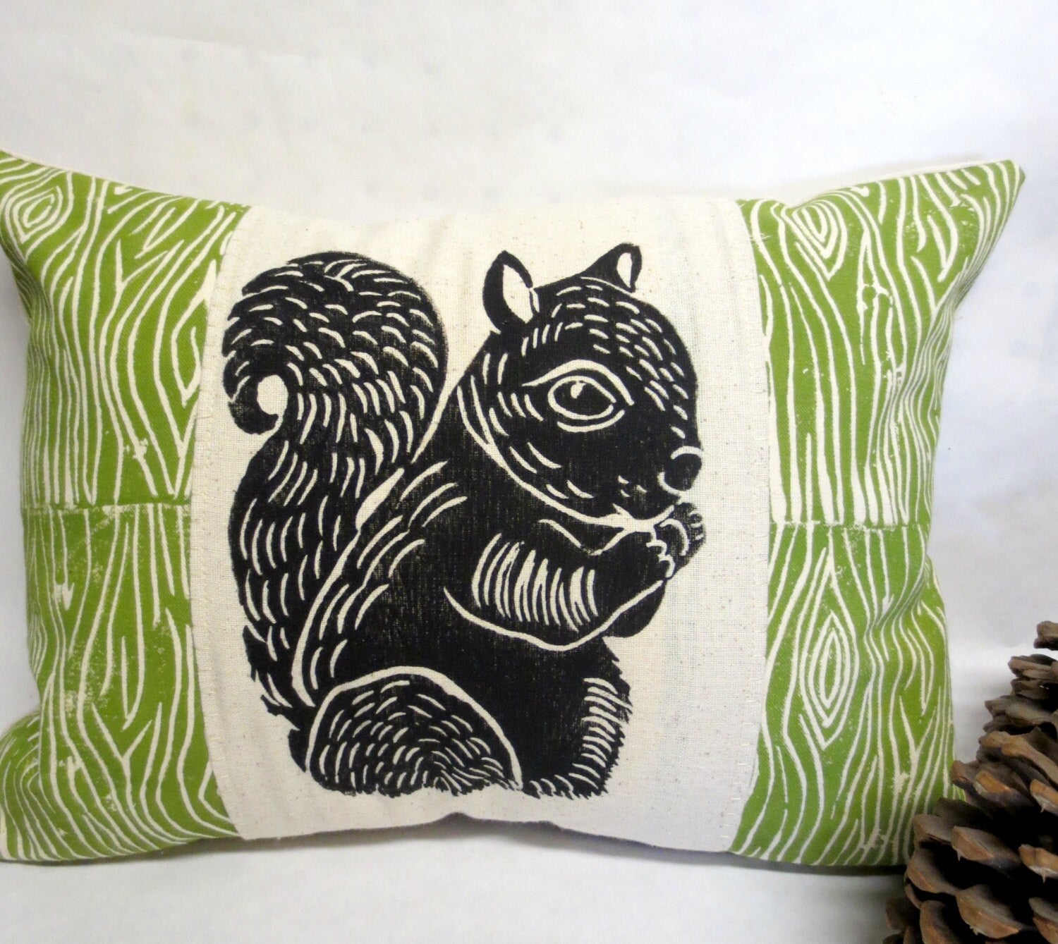 Squirrel Print Pillow: Woodland Wood Grain Design