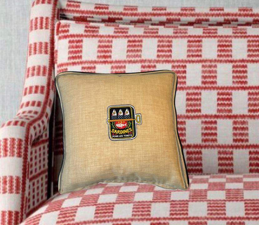 Natural Burlap like canned sardine fish Embroidery Pillow: Fish Decorative Cushion