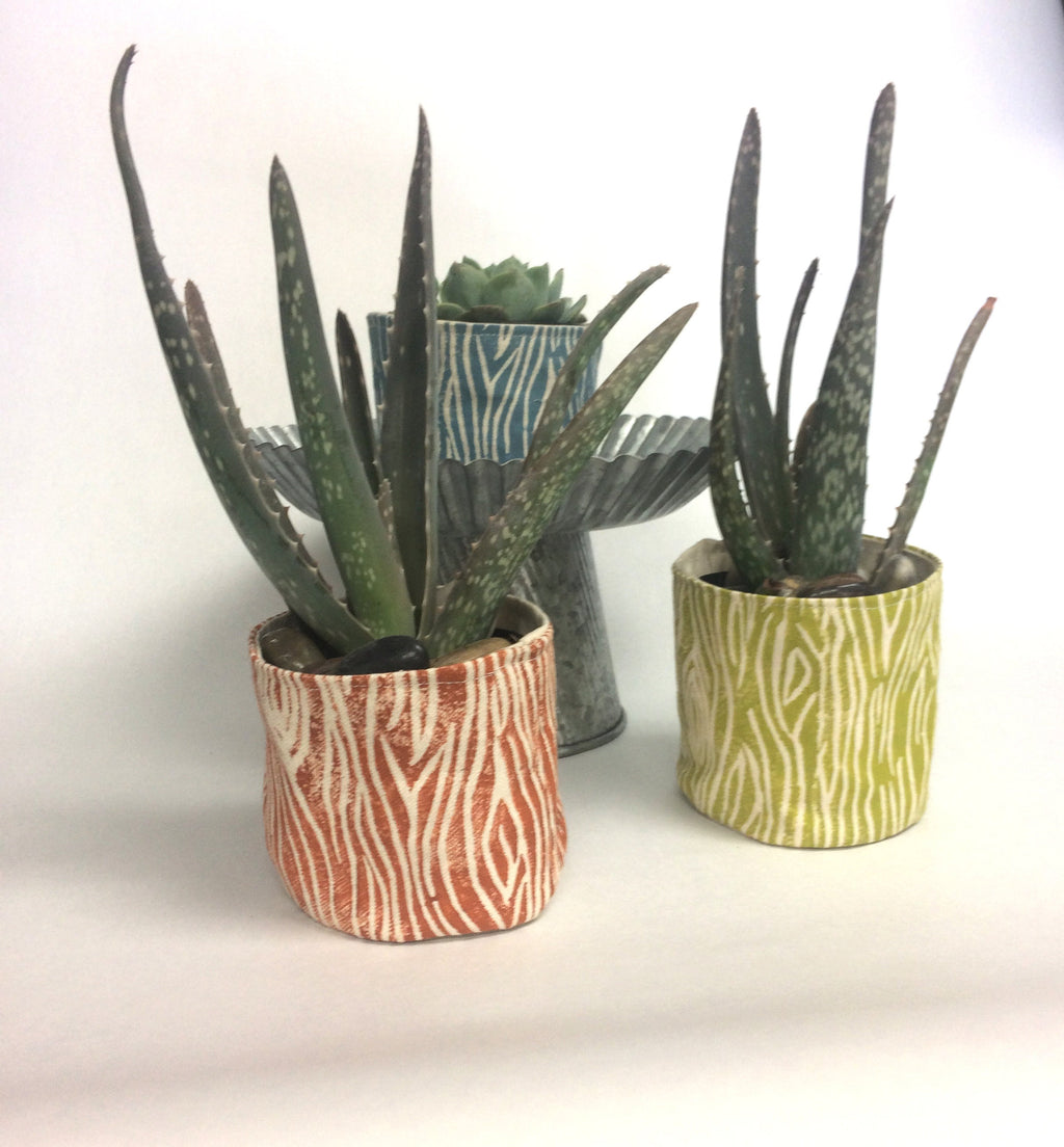 Wood Grain Print Fabric Plant Pot: Blockprinted Organic Cotton Sleeve