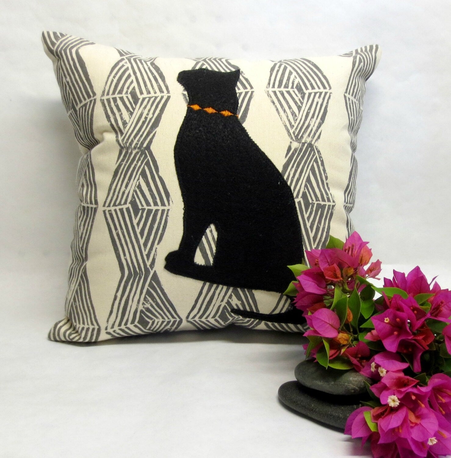 Hand Block Print Cat Pillow: Black Felt Silhouette, Modern Home Decor