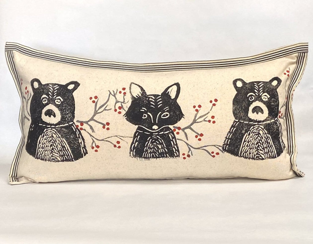 Woodland Bear and Fox Print Kidney Pillow: Hand Printed Decorative Pillow