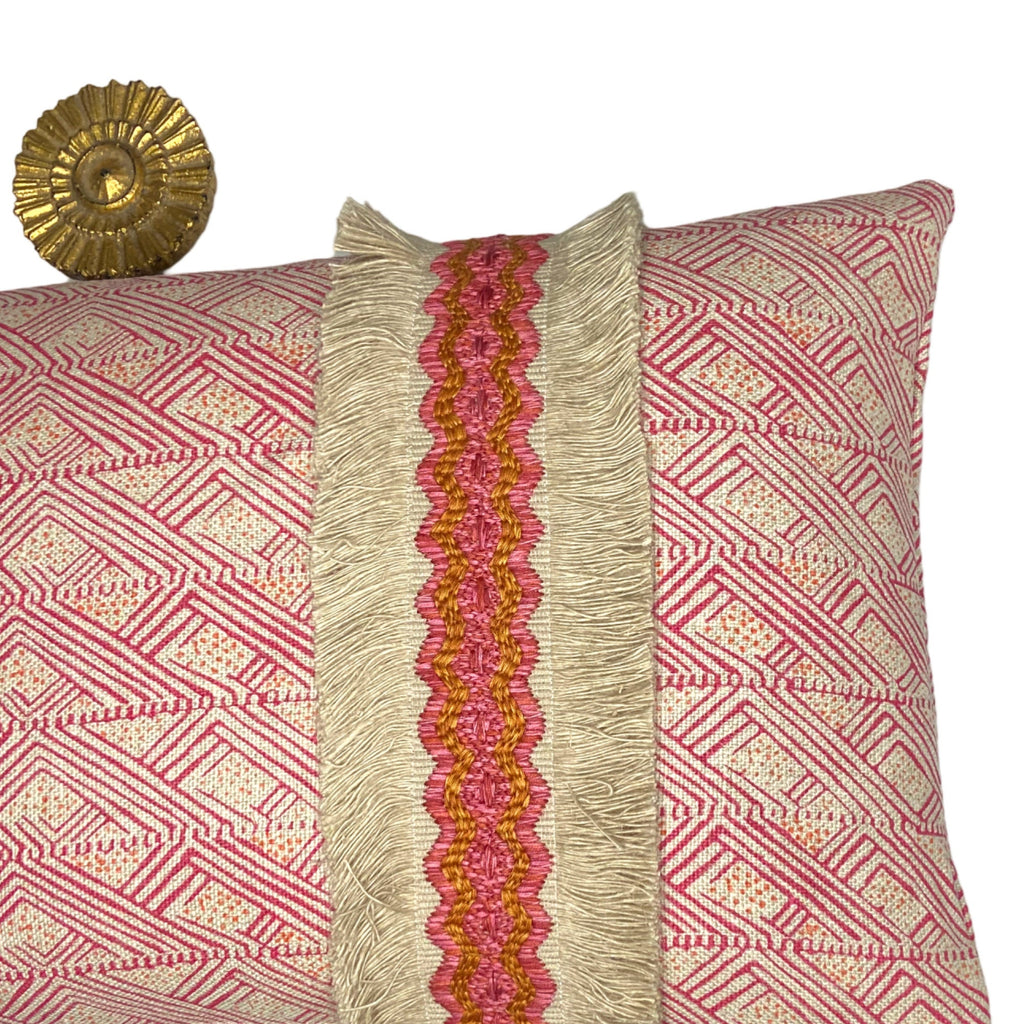 Pink Christopher Farr Linen Lumbar Pillow: Jute Trim Kidney Pillow