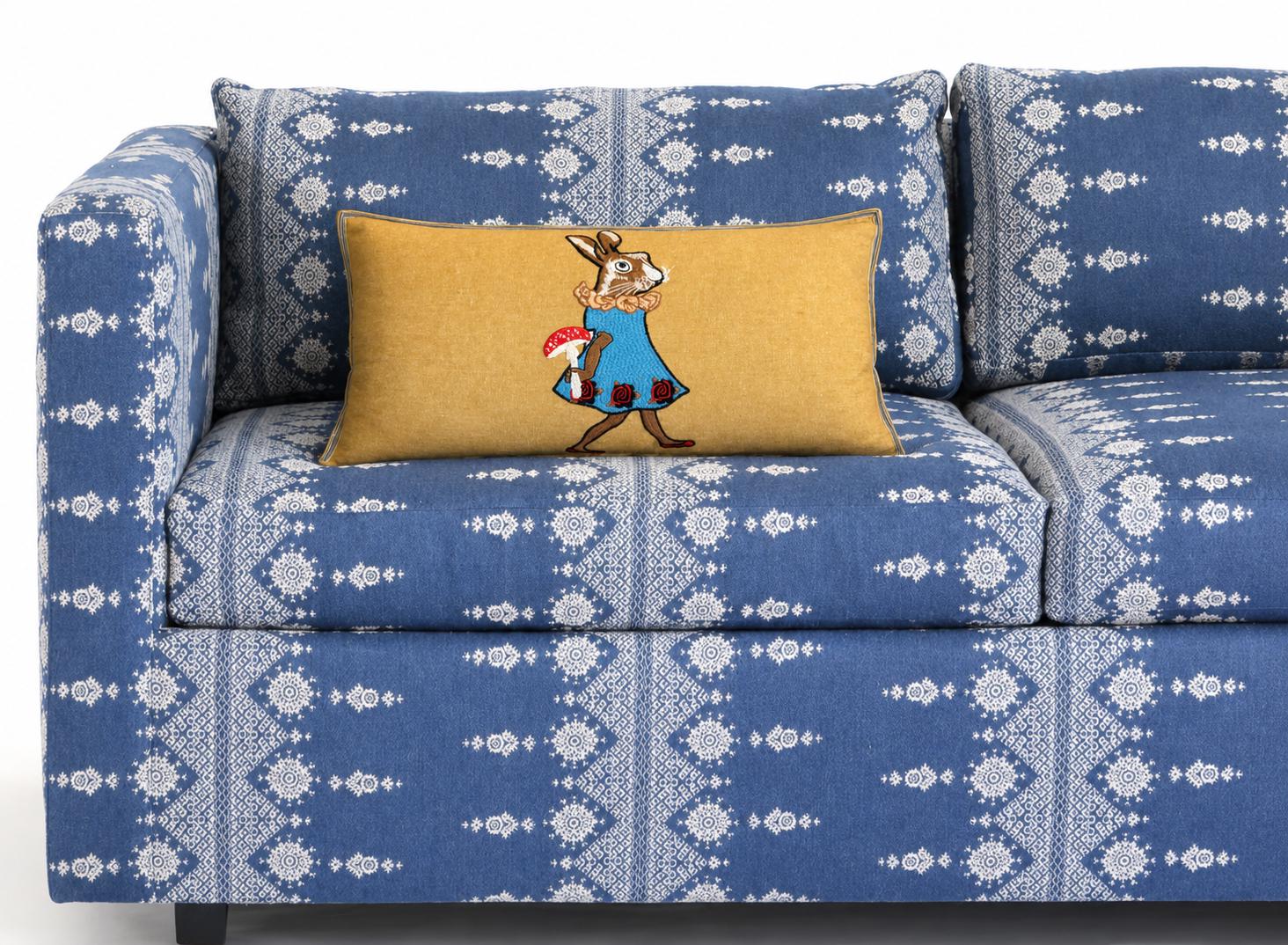 Rabbit Embroidery Pillow: Whimsical Linen Woodland Cushion