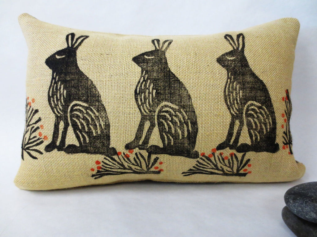 Hand Block Printed Rabbit Lumbar Pillow: Burlap Kidney Cushion