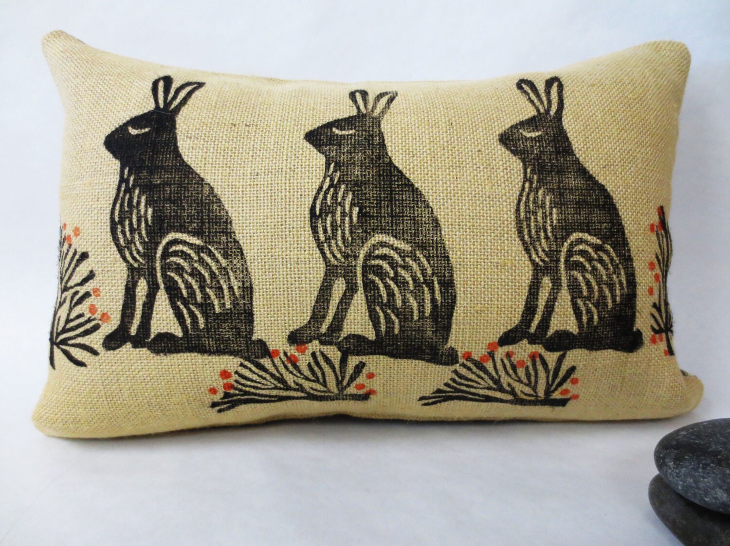 Hand Block Printed Rabbit Lumbar Pillow: Burlap Kidney Cushion