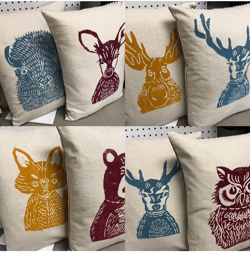 Hand Block Printed Woodland Animal Pillow: Bear, Fox, Moose, Squirrel