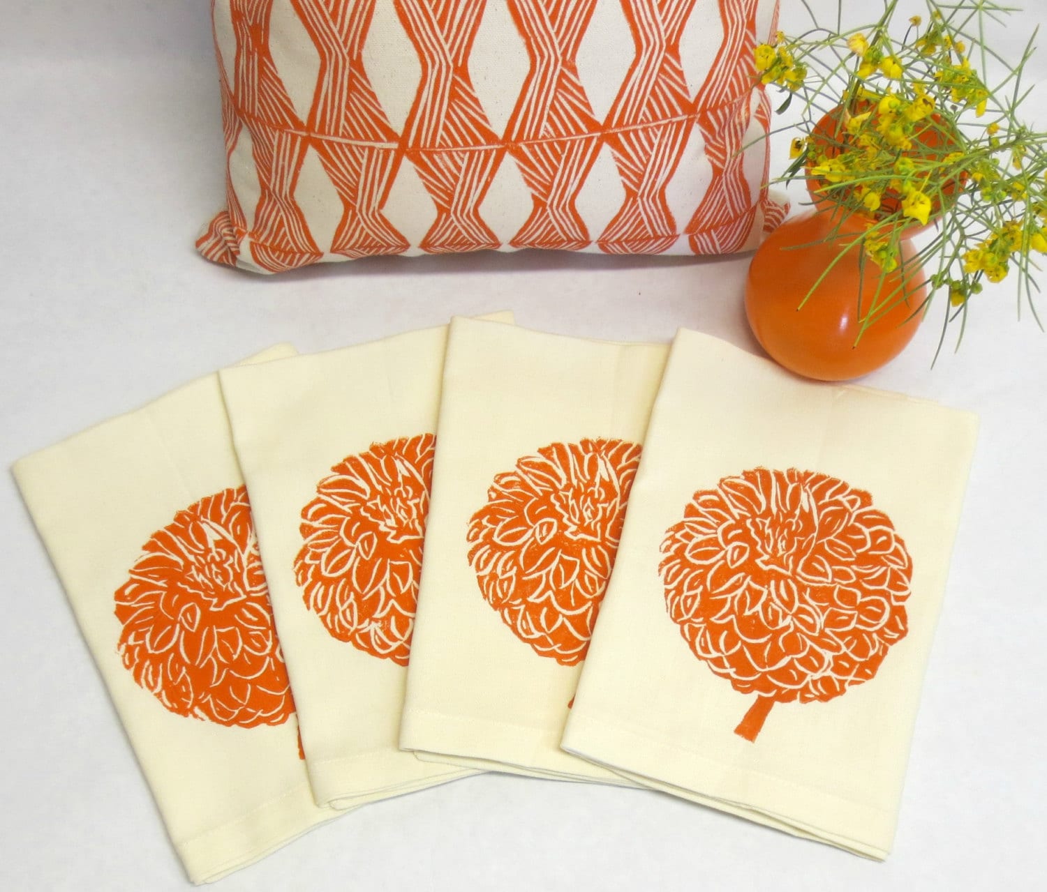 Hand Printed Orange Dahlia Flower Napkins - Set of 4