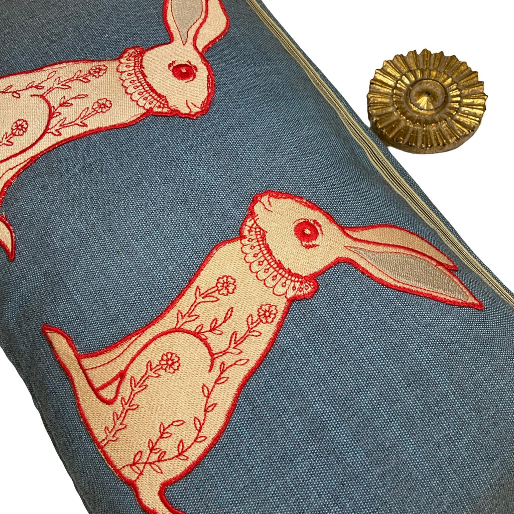Rabbit Embroidery Pillow: Whimsical Teal Blue Fabric