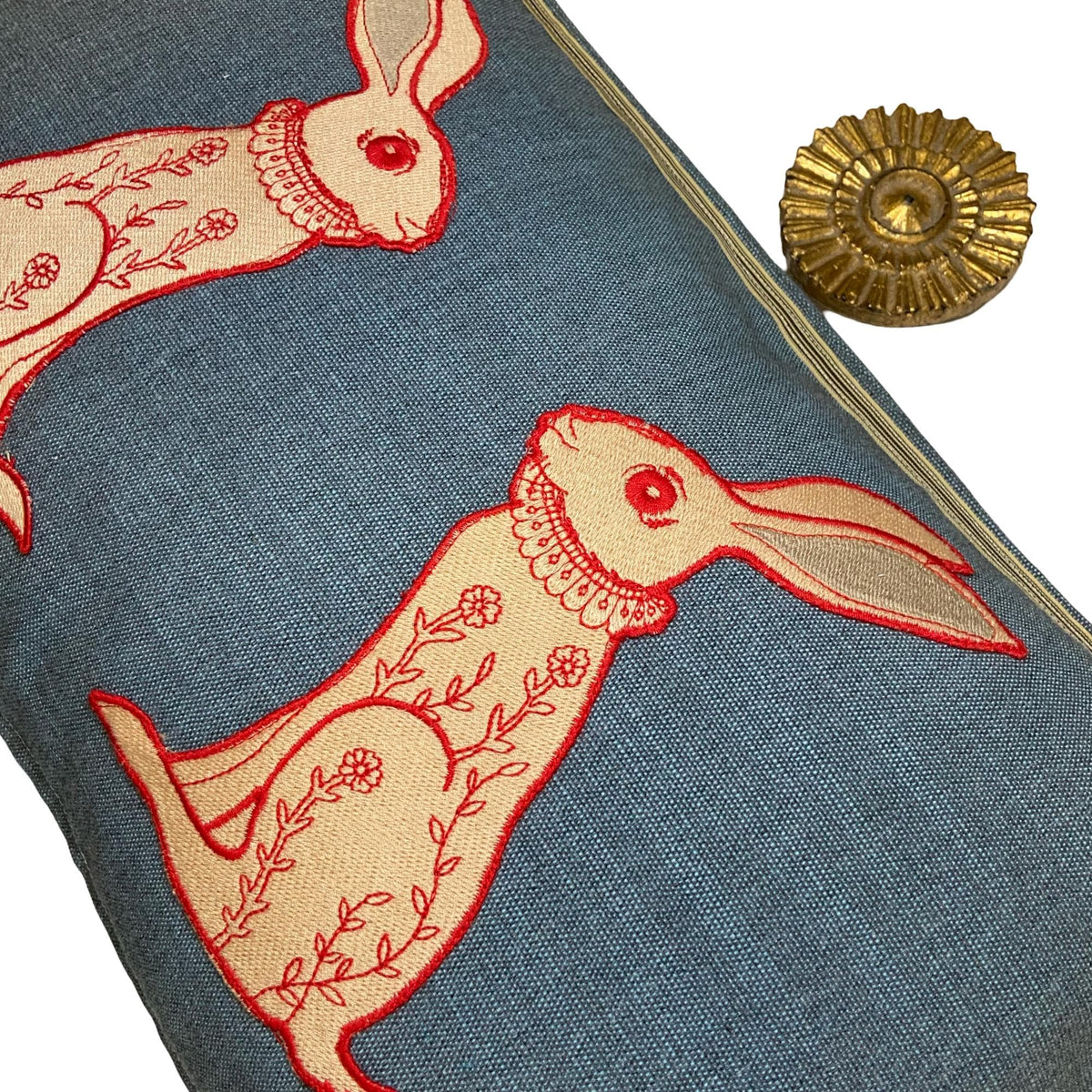 Rabbit Embroidery Pillow: Whimsical Teal Blue Fabric