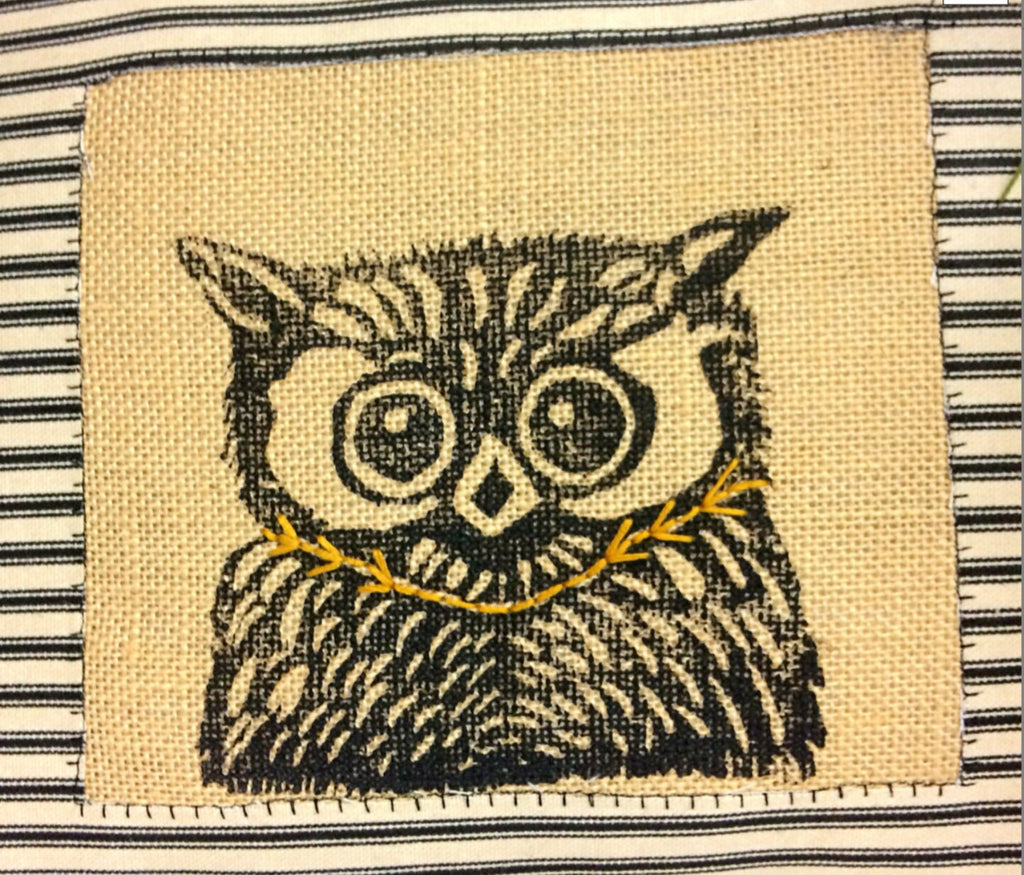 Hand Printed Owl Pillow Cover: Black Beige Ticking Stripe, Gold Collar
