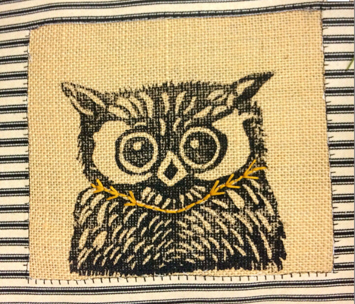 Hand Printed Owl Pillow Cover: Black Beige Ticking Stripe, Gold Collar