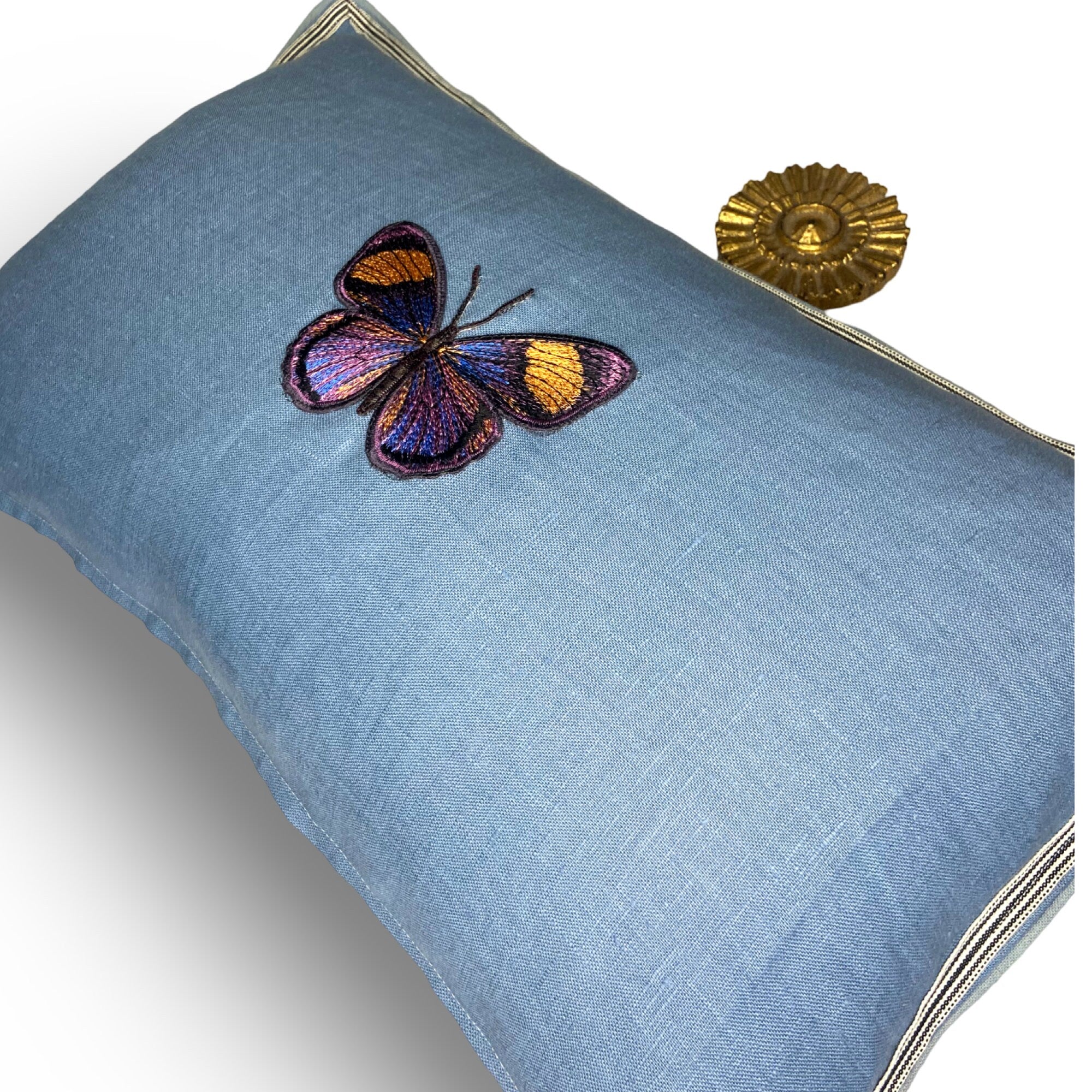 Butterfly Aqua Blue Green Embroidered  Linen Pillow - Embroidery Pillow