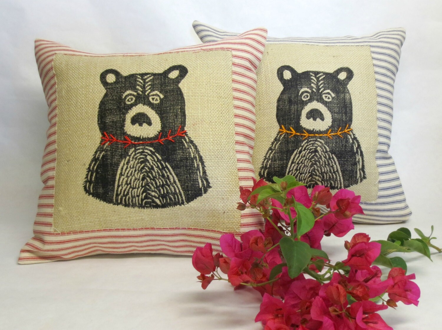 Hand Printed Bear Pillow: Ticking Stripe Decorative Pillow