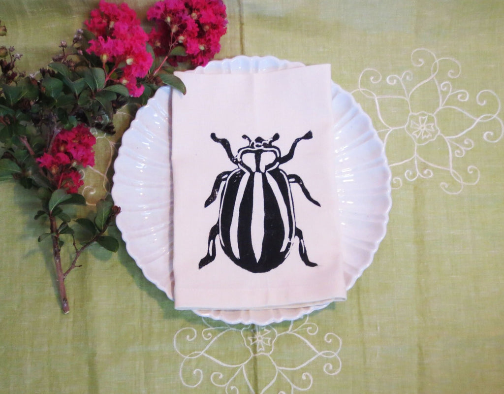 Set of Four Ivory Cotton Napkin with Hand Print Beetle Design / Hostess Gift
