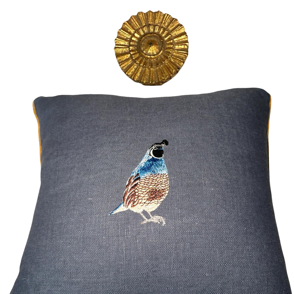 Slate Blue Linen Pillow: Embroidered Quail Bird Decorative Pillow