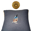 Slate Blue Linen Pillow: Embroidered Quail Bird Decorative Pillow