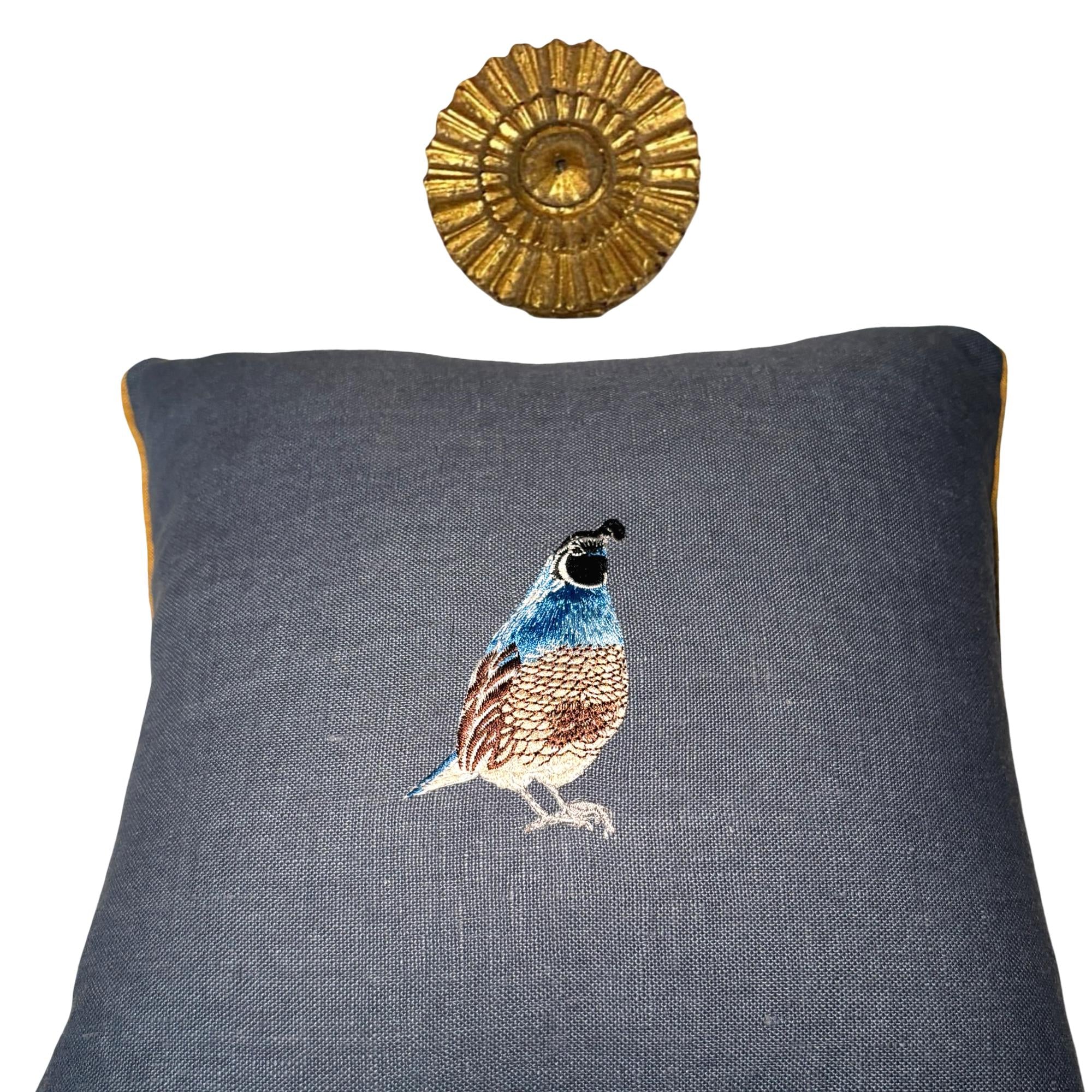 Slate Blue Linen Pillow: Embroidered Quail Bird Decorative Pillow