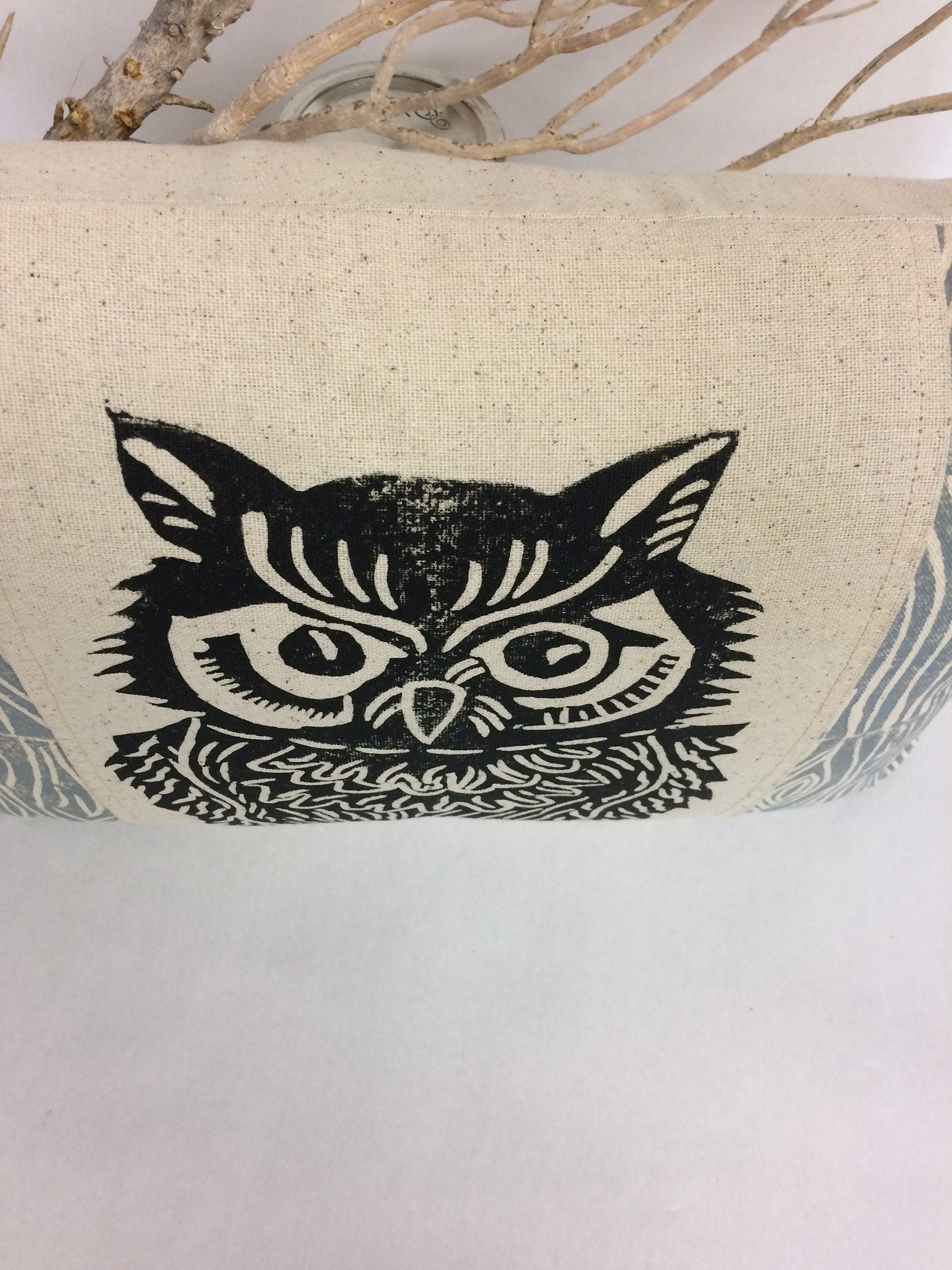 Woodland Owl Pillow: Hand Carved Print, Rustic Home Decor