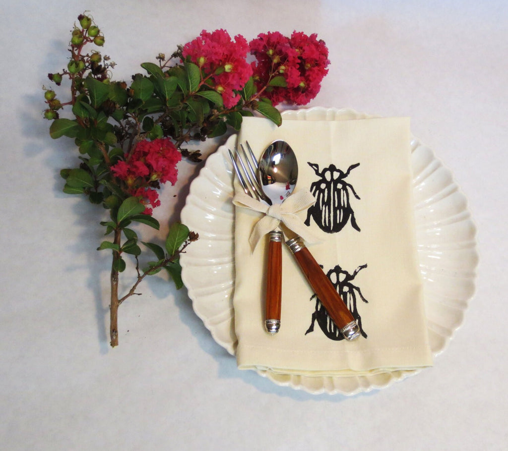 Set of Four Ivory Cotton Napkin with Hand Print Beetle / Insects / Bugs Design