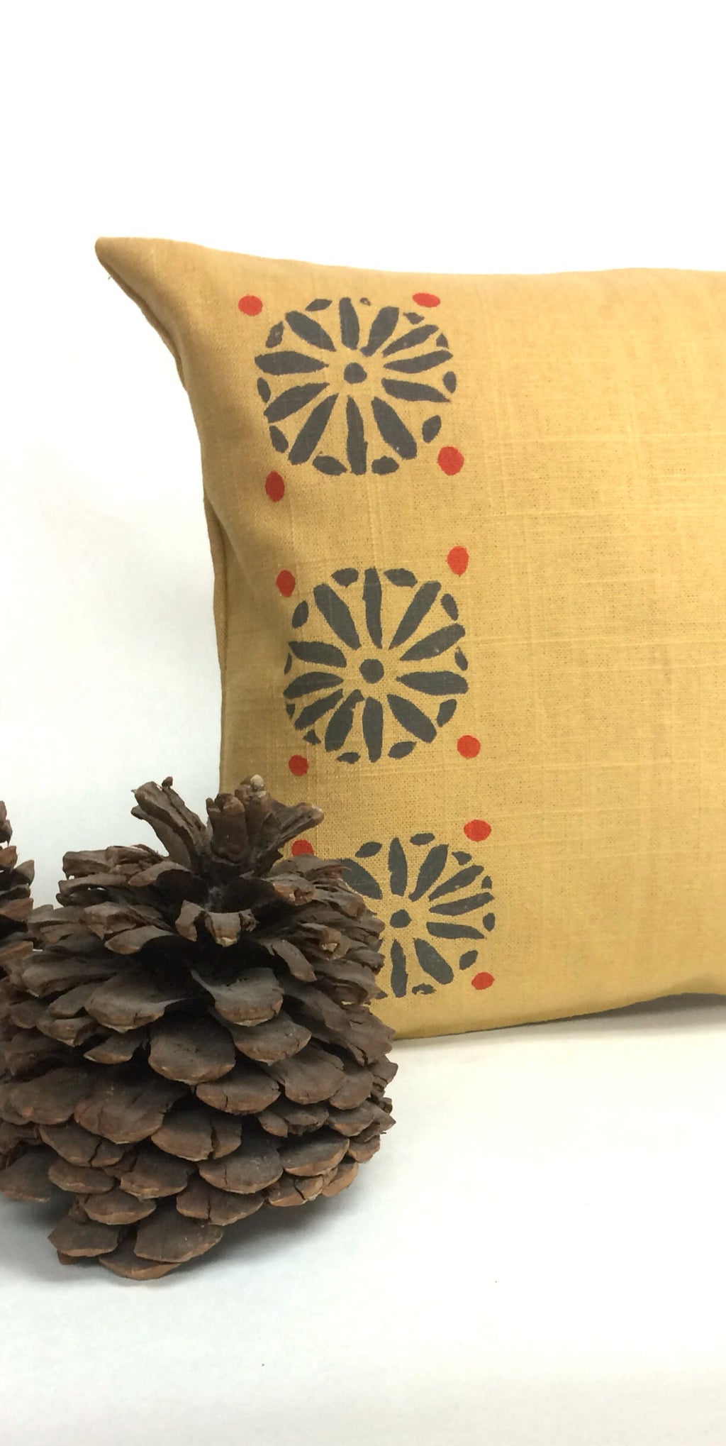 Hand Printed Linen Pillow: Mustard Geometric Block Print, Tuscan Style