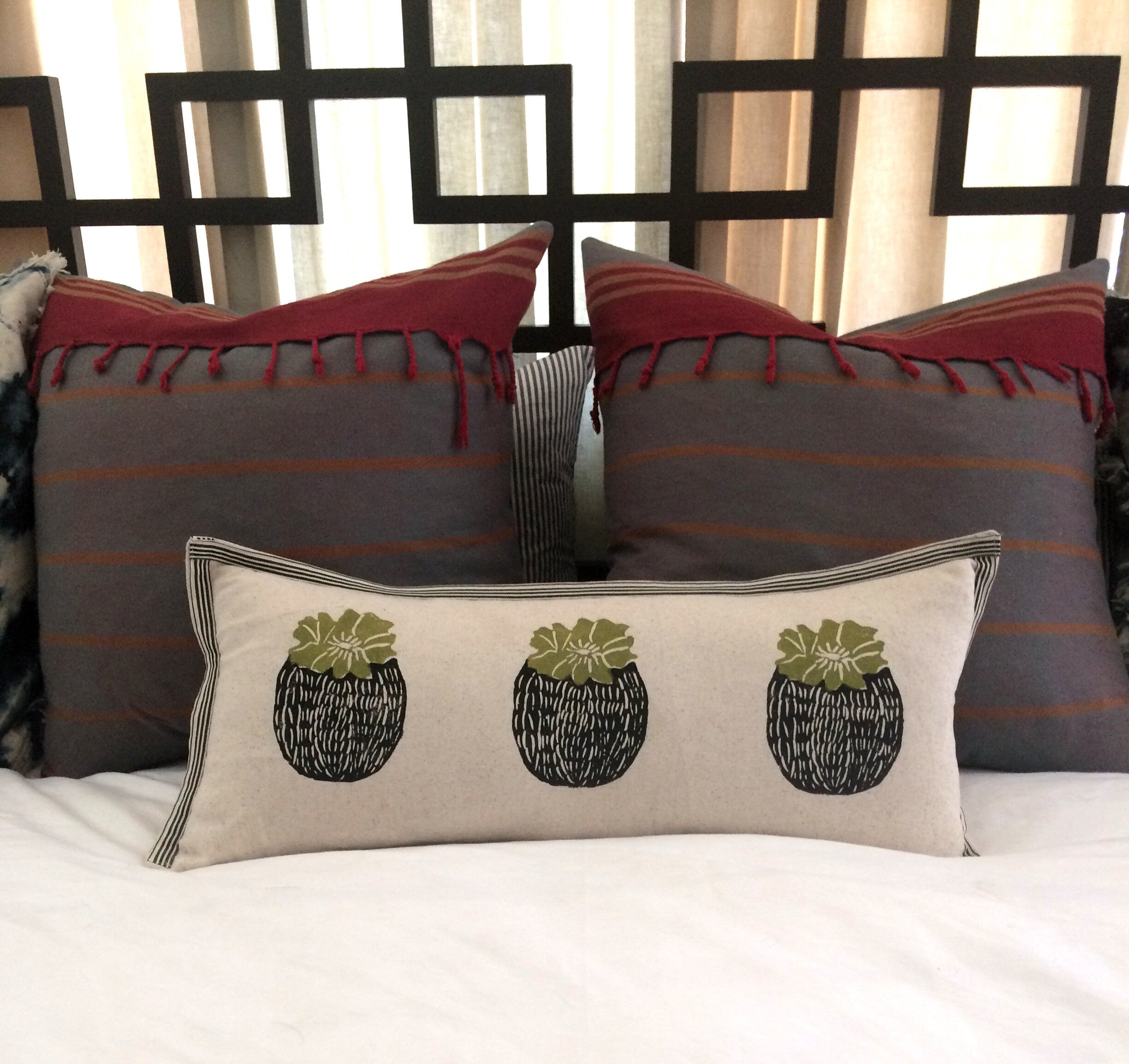 Barrel Cactus Print Kidney Pillow: Hand Block Printed Decorative Pillow