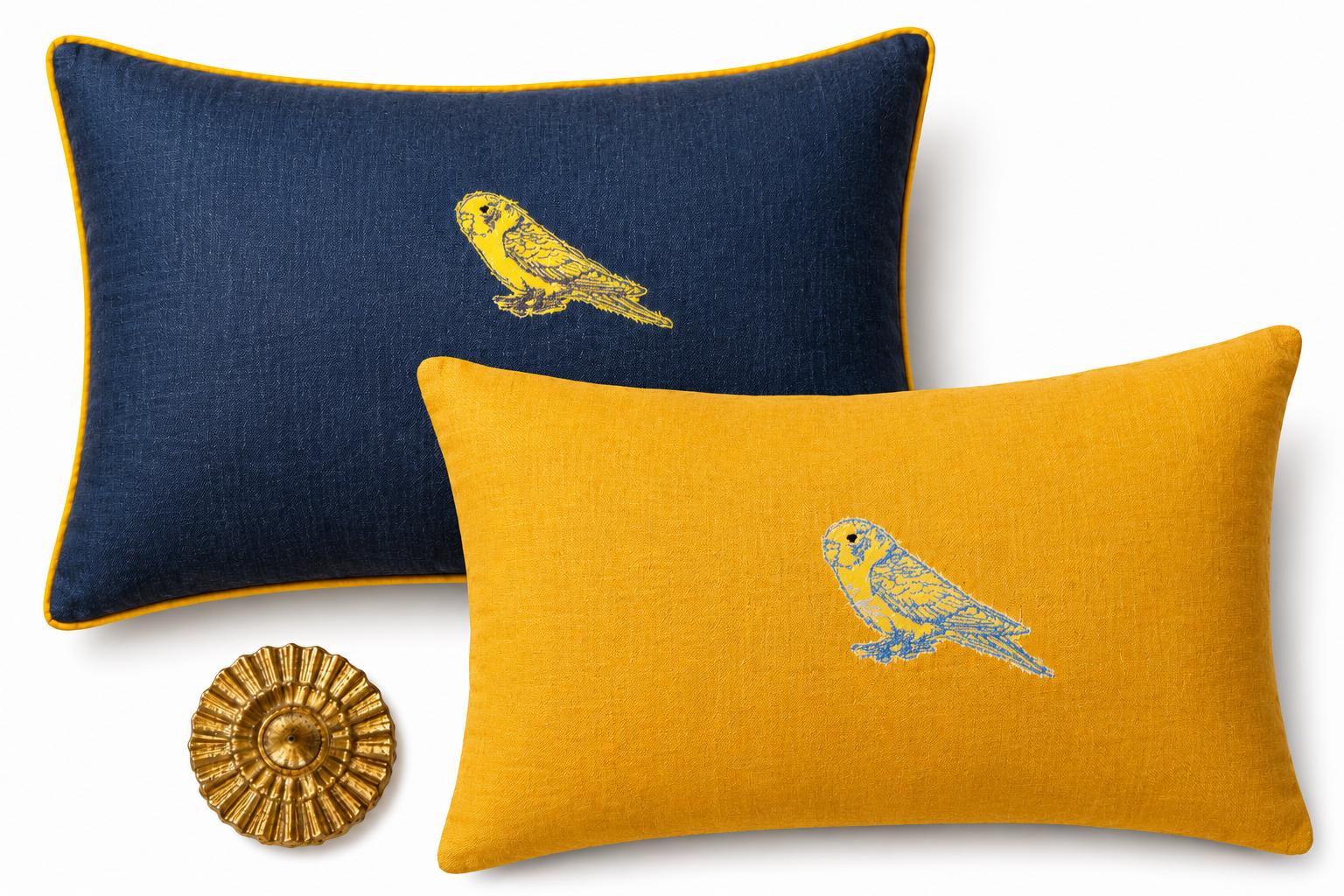 Embroidered Parrot Bird Linen Pillow: yellow & blue Accent