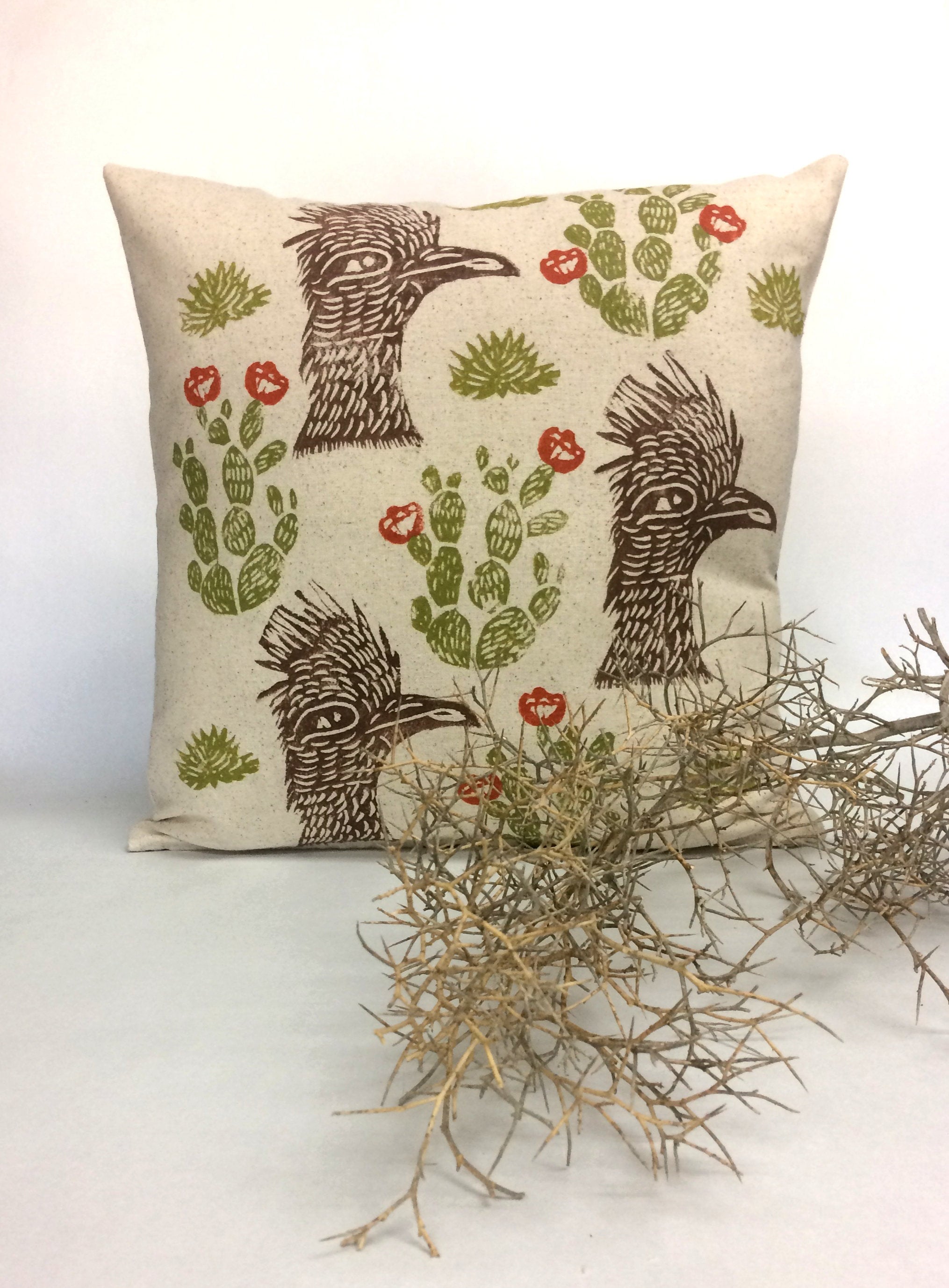 Roadrunner Cactus Print Pillow: Hand Block Printed Desert Decor