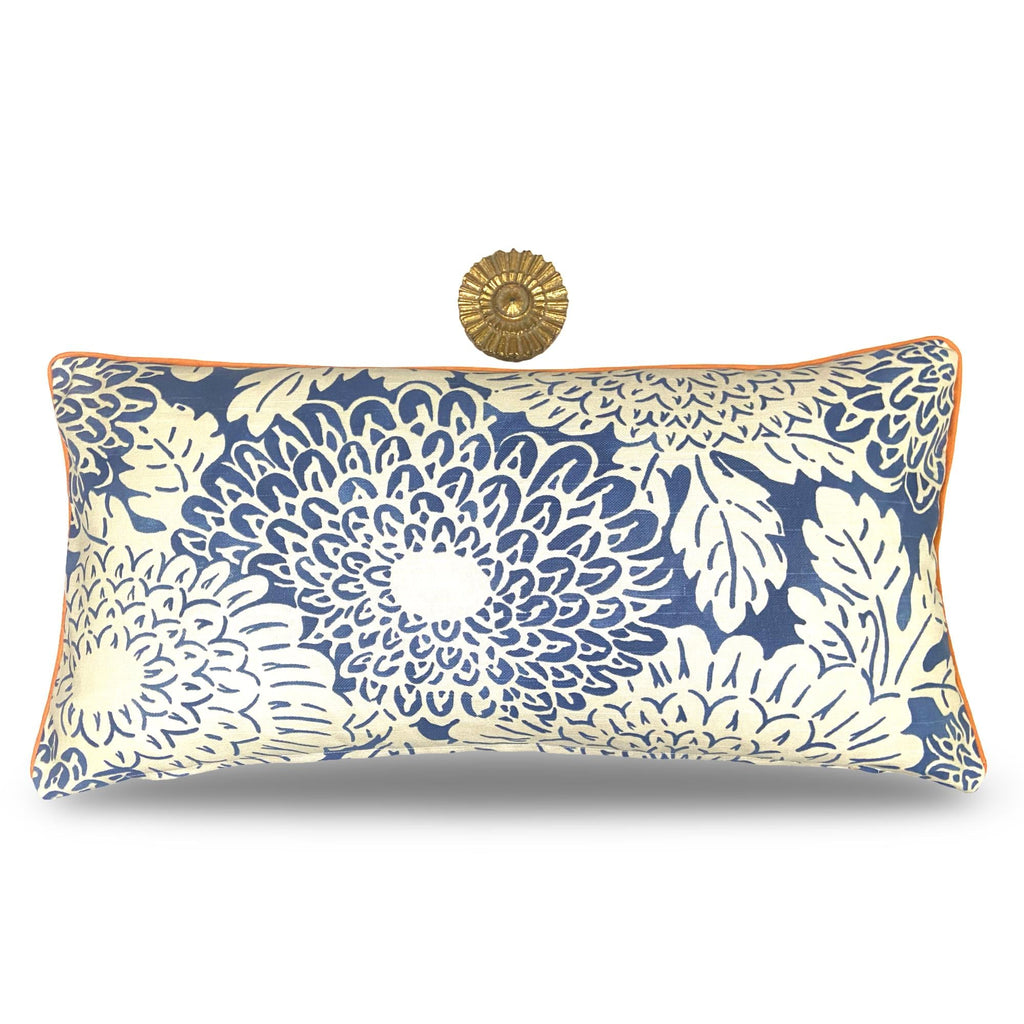 Blue Floral Print Kidney Pillow: Kravet Cotton, Orange Cord Trim