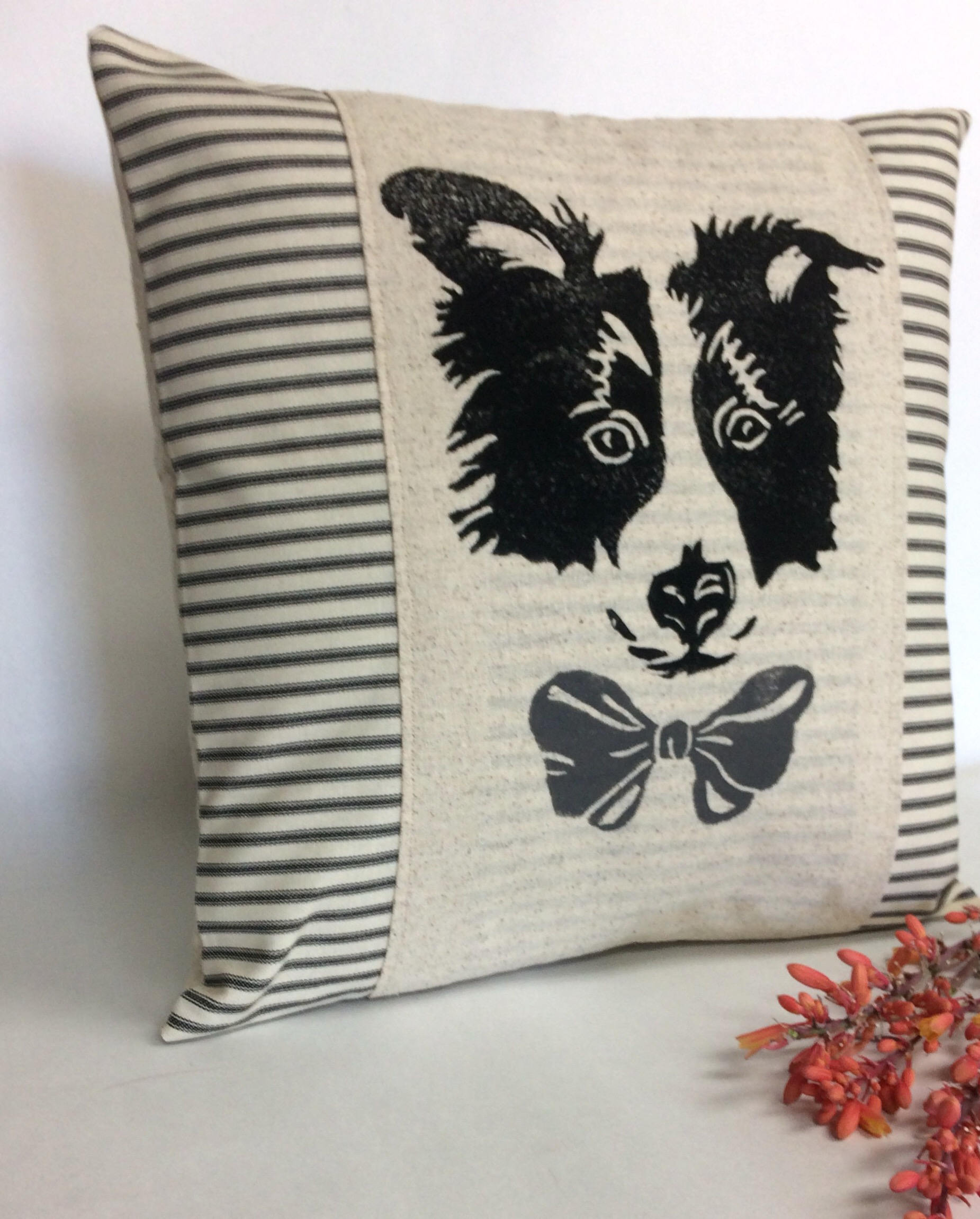 Border Collie Pillow Cover: Hand Block Print Dog Accent Pillow