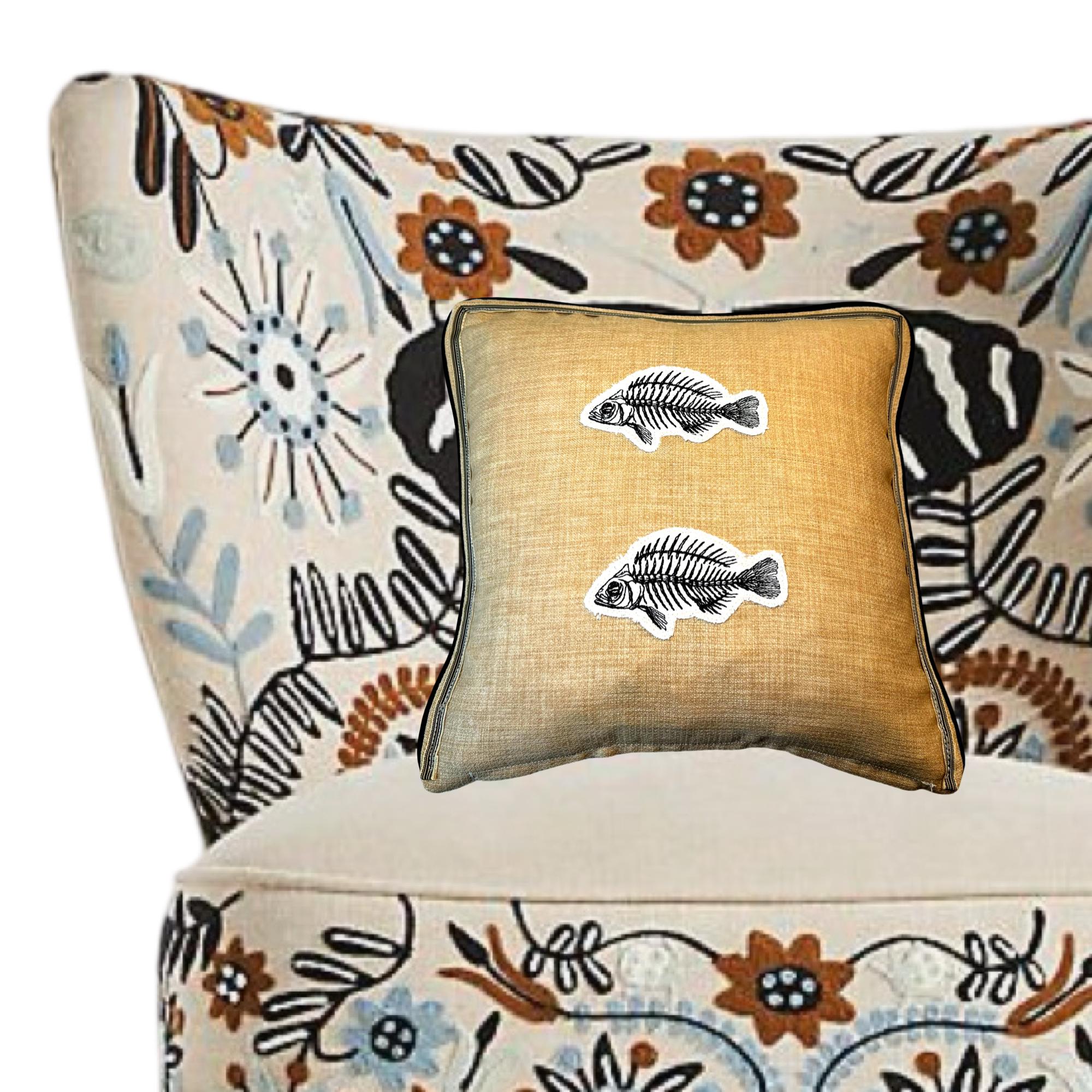 Natural Burlap like fish bone Embroidery Pillow: Fish Decorative Cushion