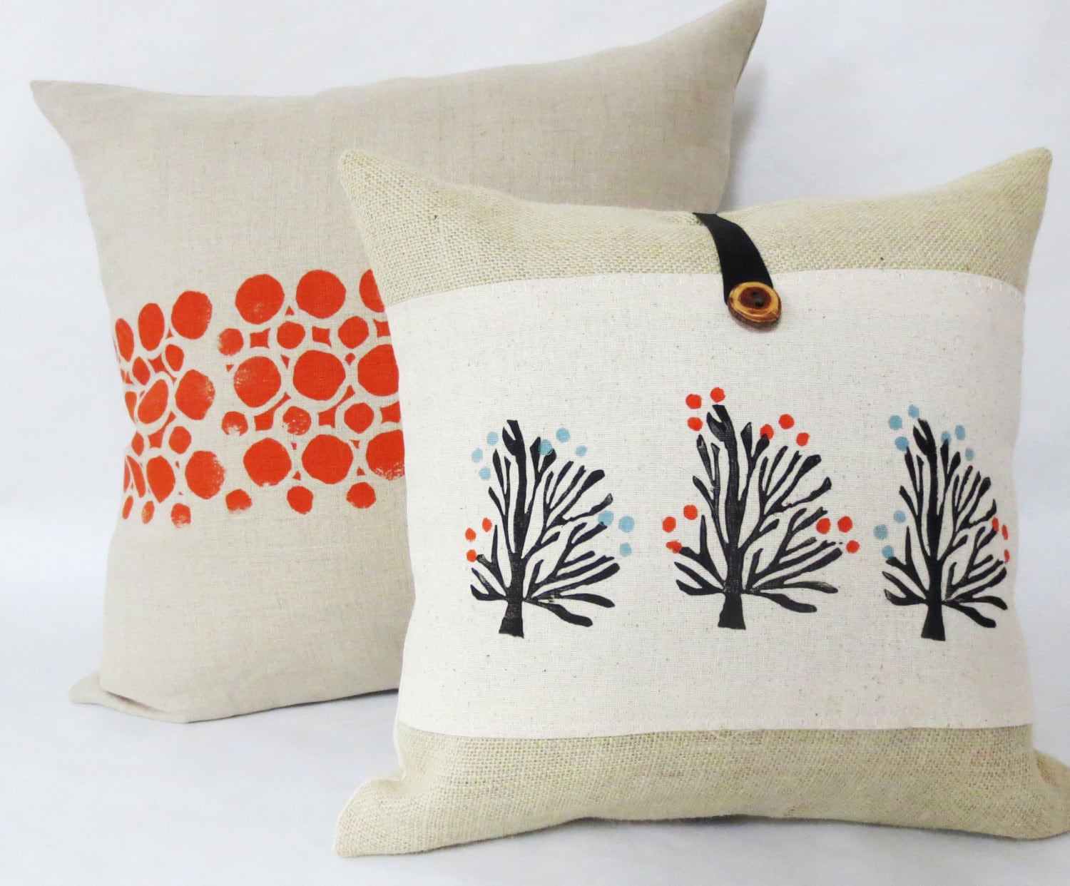 Hand Block Printed Tree Pillow Cover: Orange Blossom Burlap Accent