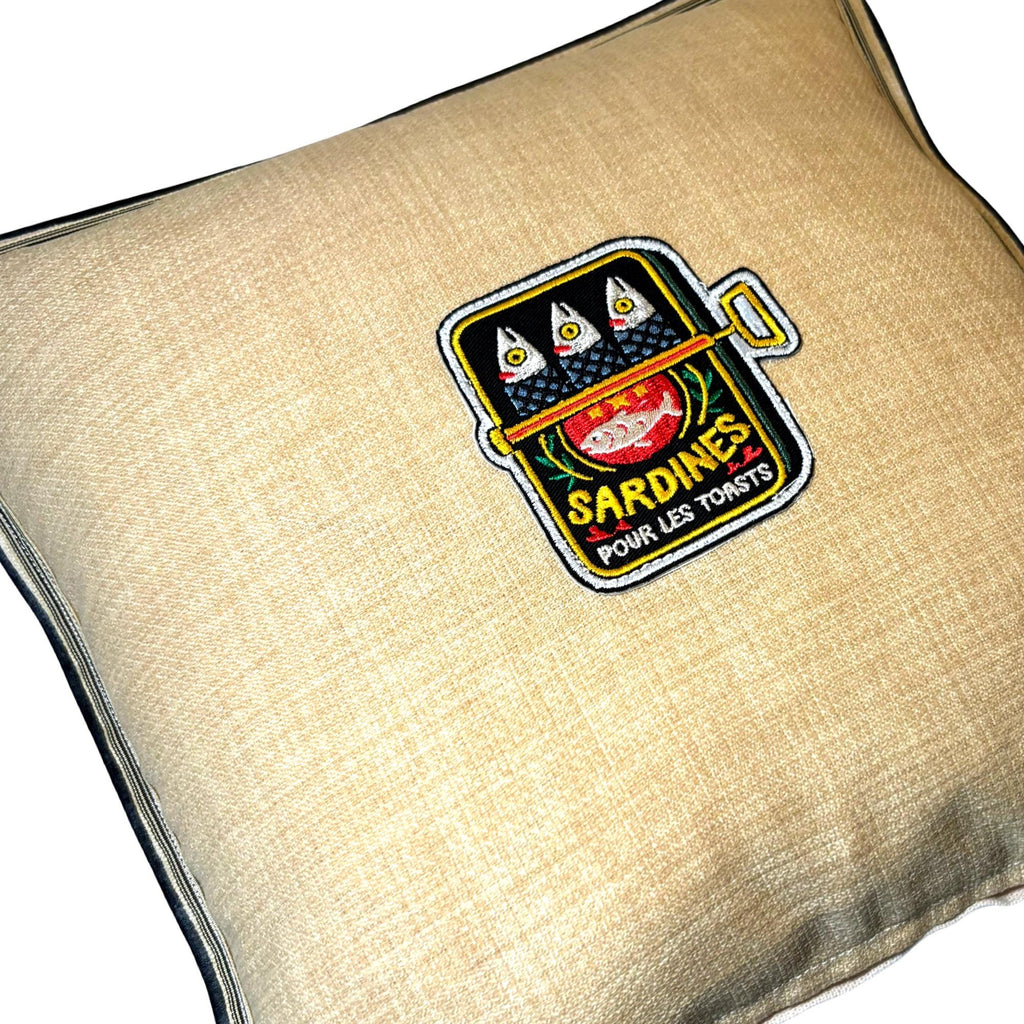 Natural Burlap like canned sardine fish Embroidery Pillow: Fish Decorative Cushion