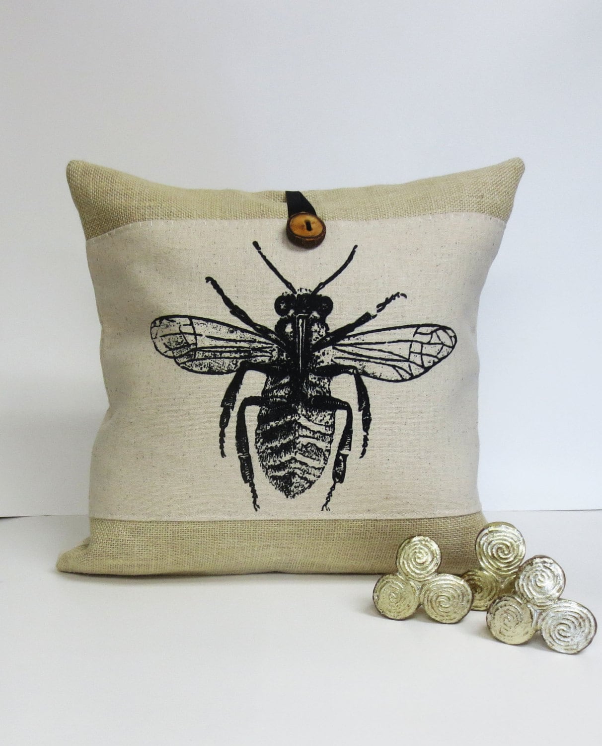 Bee Insect Screen Print Pillow - Poly Burlap Pillow - Decorative Accent Cushion Cover