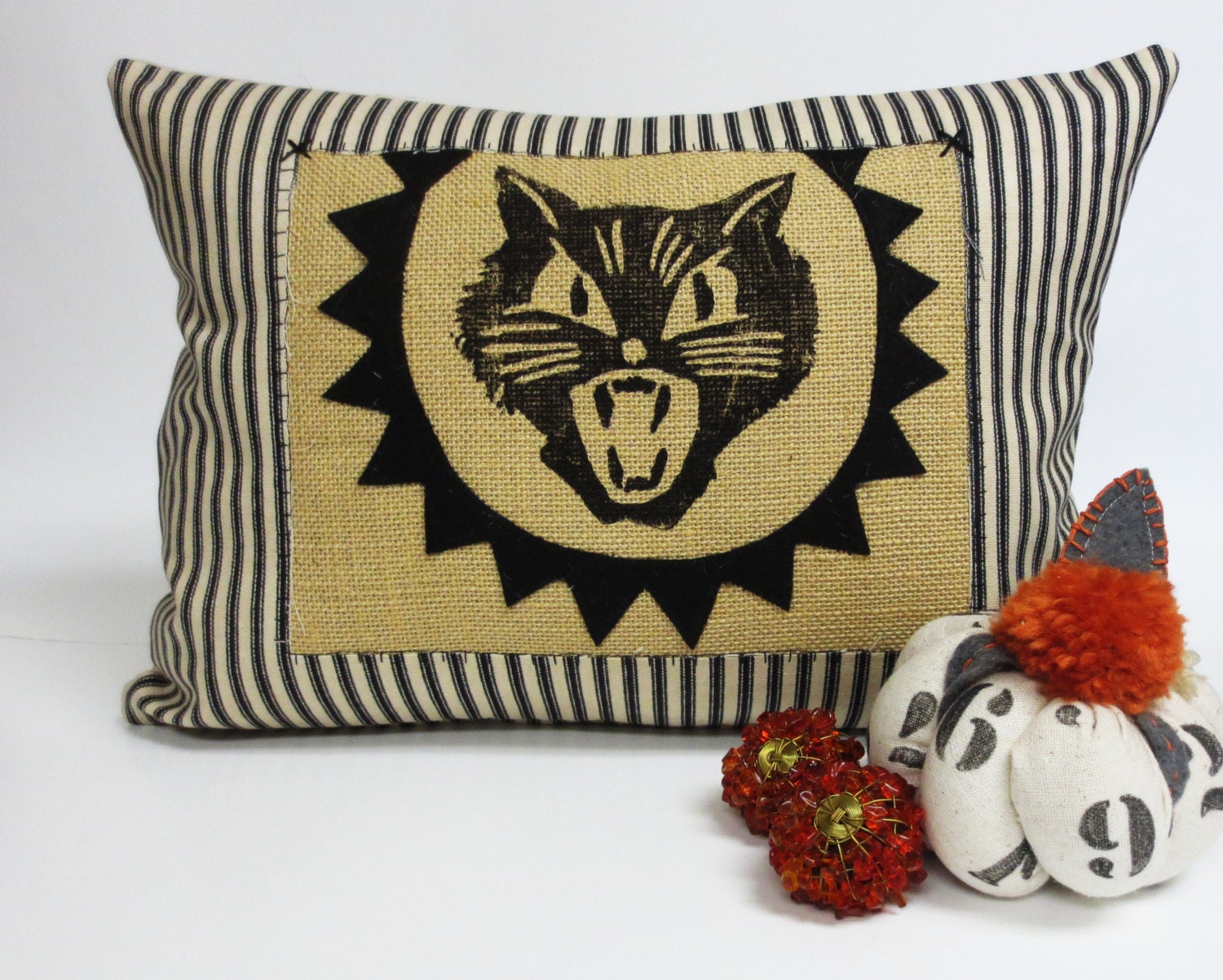 Halloween Kitty Cat Burlap Lumbar Pillow - Gothic Decor