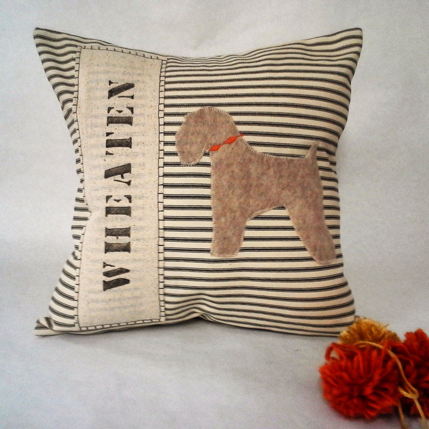 Wheaten Terrier Pillow: Ticking Stripe Dog Silhouette, Custom Name Available