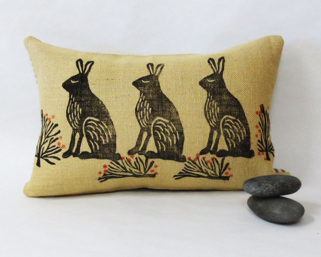 Hand Block Printed Rabbit Lumbar Pillow: Burlap Kidney Cushion