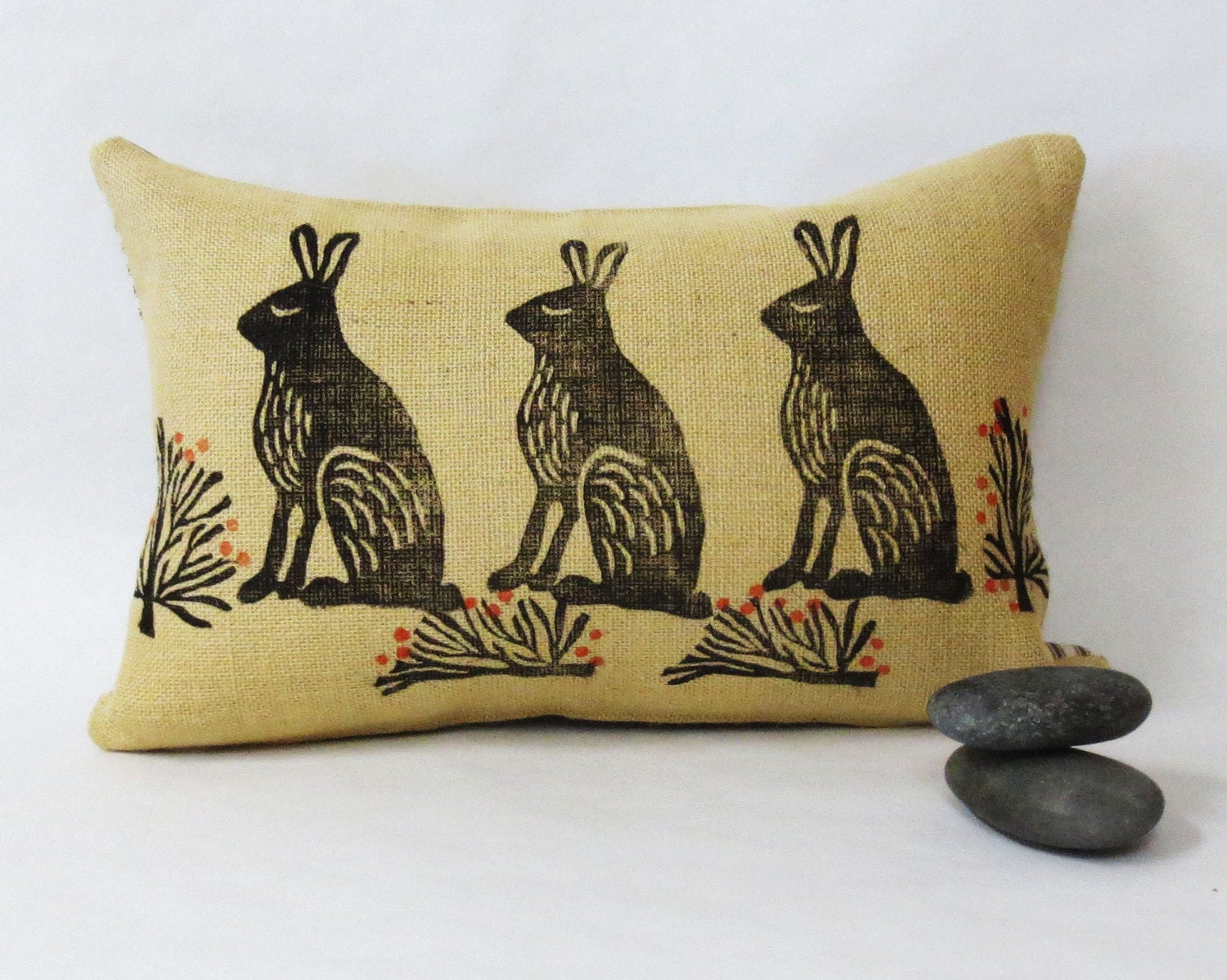 Hand Block Printed Rabbit Lumbar Pillow: Burlap Kidney Cushion