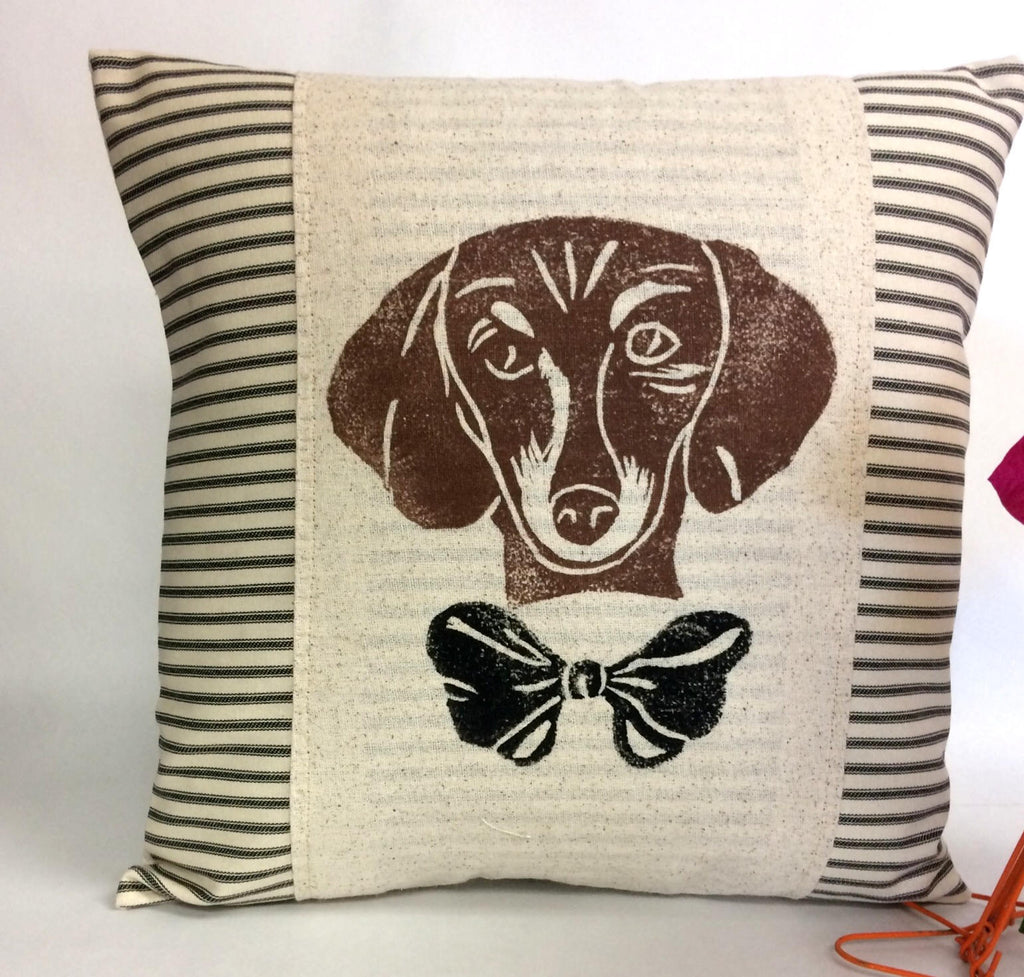 Hand Block Print Dachshund Pillow: Dog Accent Pillow